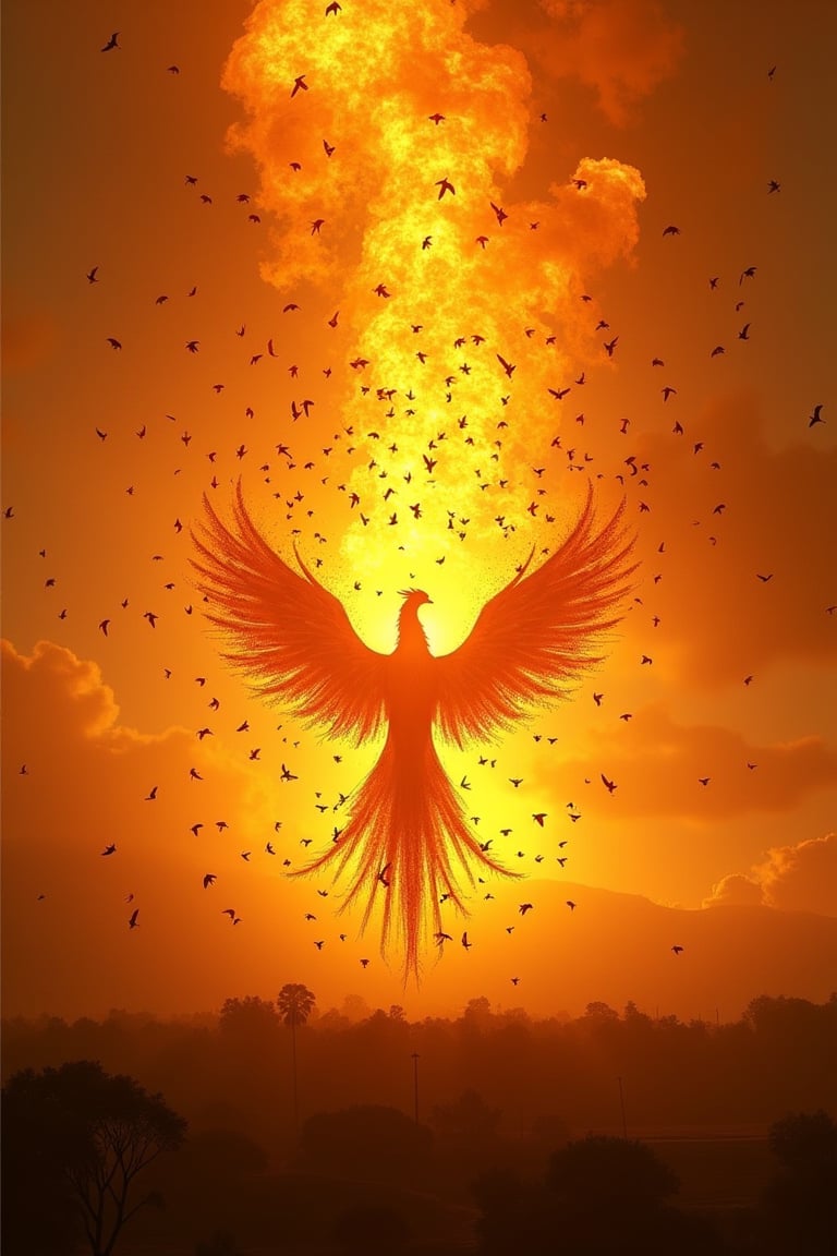 A majestic shot captures thousands of birds in mid-air, converging towards the fiery silhouette of the mythical phoenix. The camera's perspective is from a low angle, emphasizing the sheer scale of the avian flock as they approach the blazing inferno. Soft golden light dances across the flames, casting warm tones on the surrounding landscape. The phoenix itself remains shrouded in its radiant aura, its outline visible against the intense heat and light. The birds, undeterred by the fiery barrier, appear to be drawn to some unseen force, their forms blurred as they merge with the inferno.