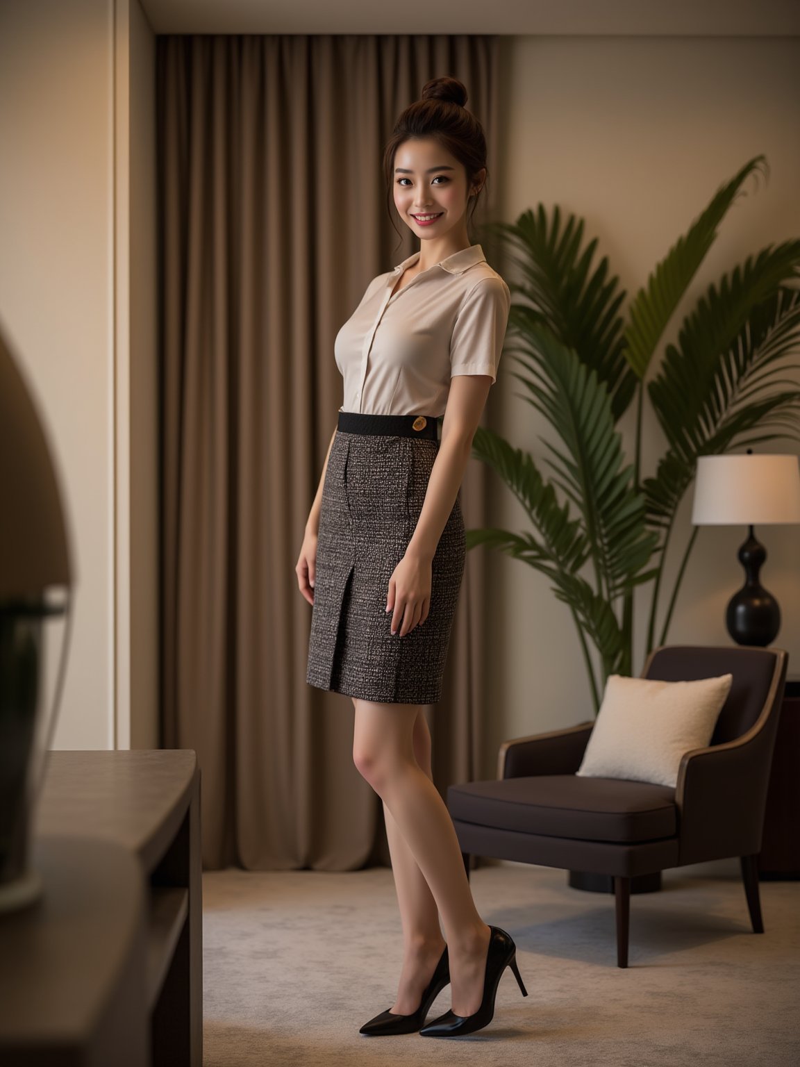 a 30yo beautiful asian woman. stunning, medium brown updo hair, double eyelids, detailed facial, medium-large breasts, (slender legs), curvaceous body. She is wearing a shirt, a tweed skirt, and a haute couture pumps. hotel room, She has a charming smile on her face, looking at camera. sharp focus full-body, detailed background, detailed skin texture, cinematic, lifelike rendering 