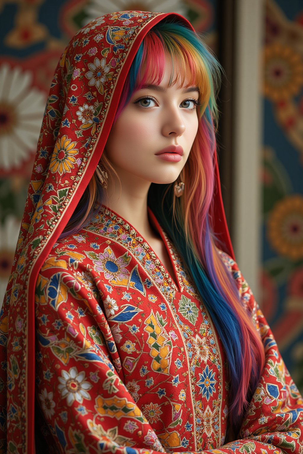 Kitsch maximalism fashion style, woman of Scandinavian descent, long beautiful colorful candy hair, blue eyes, perfect beauty, wearing a beautiful traditional Tajik bridal costume.The luxurious dress is intricately embroidered in gold and red and is very colorful. full of happiness,
,emo,hubggirl,Rainbow haired girl,Midjourney_Whisper,Made of adrr-zllj