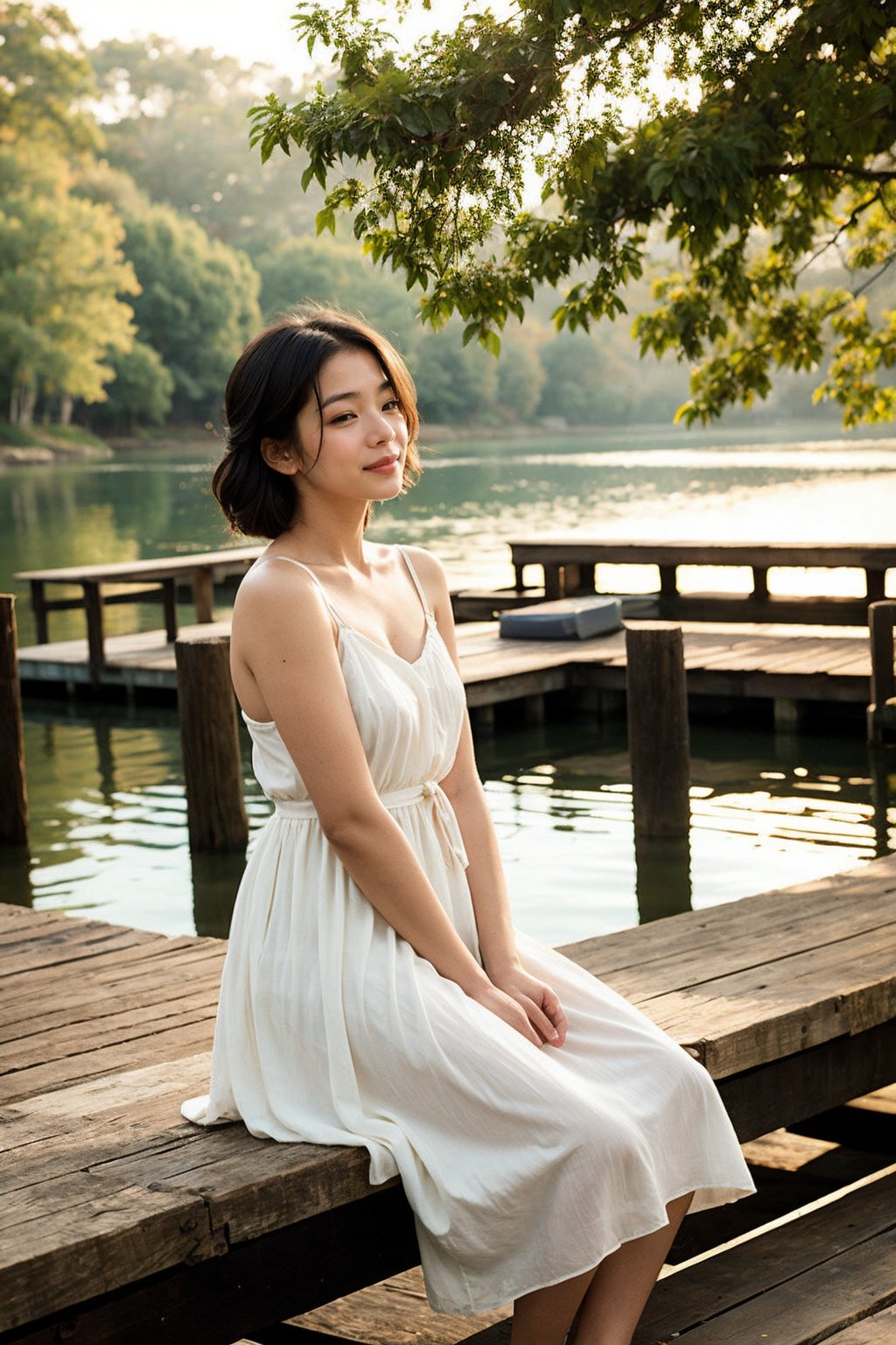 A serene woman sits alone on a weathered wooden dock, surrounded by the tranquil atmosphere of a misty morning lake. Soft golden light filters through the trees, casting a warm glow on her peaceful face. She wears a simple white dress, slightly rumpled from the gentle breeze, and has one hand gently holding a worn leather book, while the other cradles a steaming cup of coffee.