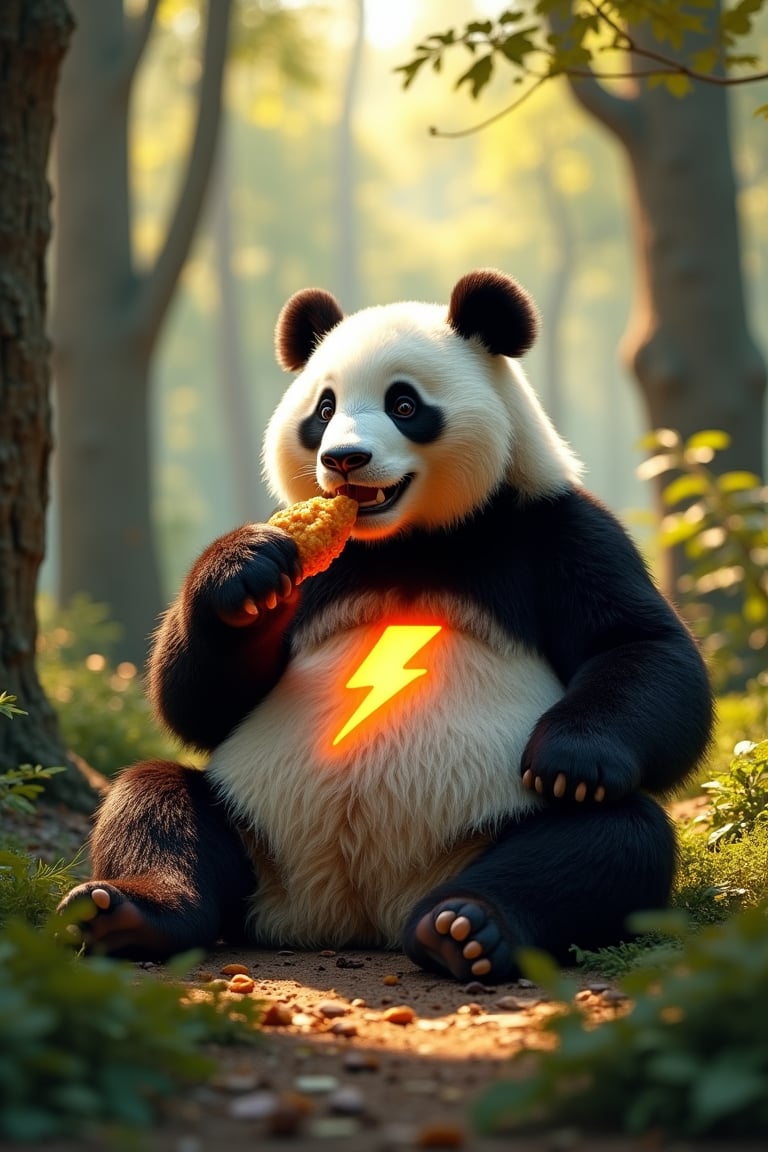 In a lush, sun-dappled clearing deep within the woods, a giant panda sits comfortably on a natural rock formation, surrounded by tall trees and underbrush. He holds a crispy piece of fried chicken in his paw, taking a leisurely bite as he savors the savory flavors. The lighting is soft and warm, casting dappled shadows across the forest floor. panda body have a glowing thunderbolt sign mark