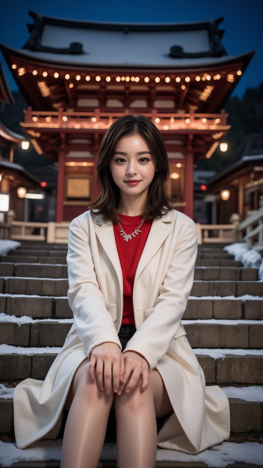 Photo of young Beautiful Japanese woman, 1girl, stunning, (medium-short brown inward hair), double eyelids, highly detailed glossy eyes, round chin, (detailed facial), medium-large breasts, slender legs, (supermodel like figure), white coat, knits dress, white heeled boots, red scarf, (sitting on stairs), (in front of the shrine), (nice hands on thighs), night, dark theme, nighttime, (huge majestic shrine on background), (snowy shrine, heavy snow on shrine), cold, fashion model posing, full body portrait, sharp focus, (charming smile face), looking at camera, (enchanting smile), from front side, wide angle, medium-short hair, (beautiful long-legged), detailed fabric rendering, detailed background, (night view), landscape