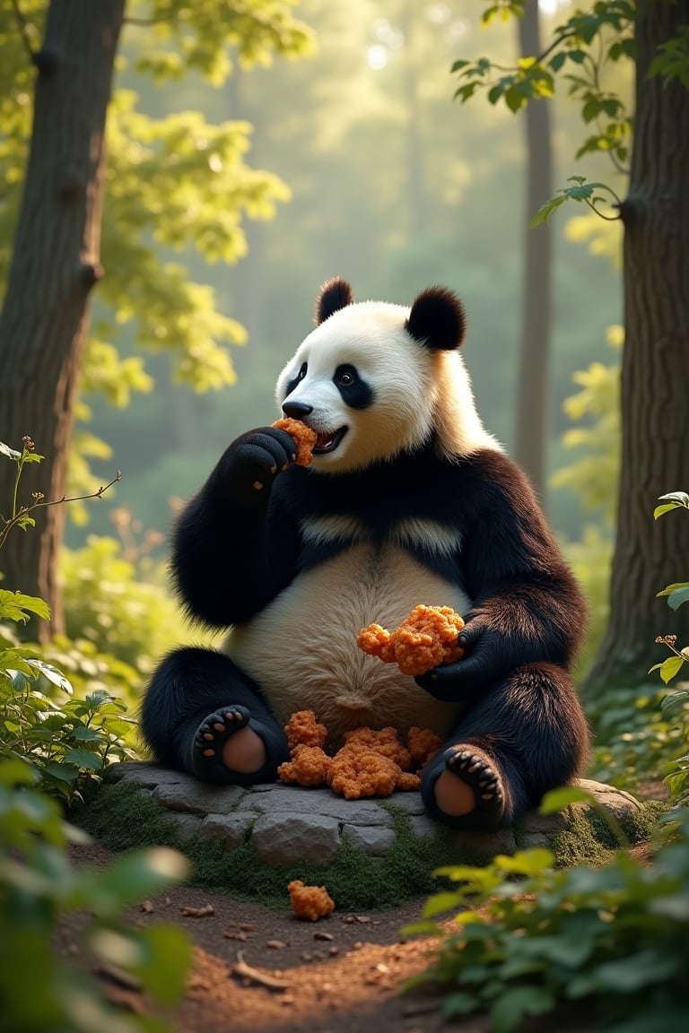 In a lush, sun-dappled clearing deep within the woods, a giant panda sits comfortably on a natural rock formation, surrounded by tall trees and underbrush. He holds a crispy piece of fried chicken in his paw, taking a leisurely bite as he savors the savory flavors. The lighting is soft and warm, casting dappled shadows across the forest floor.