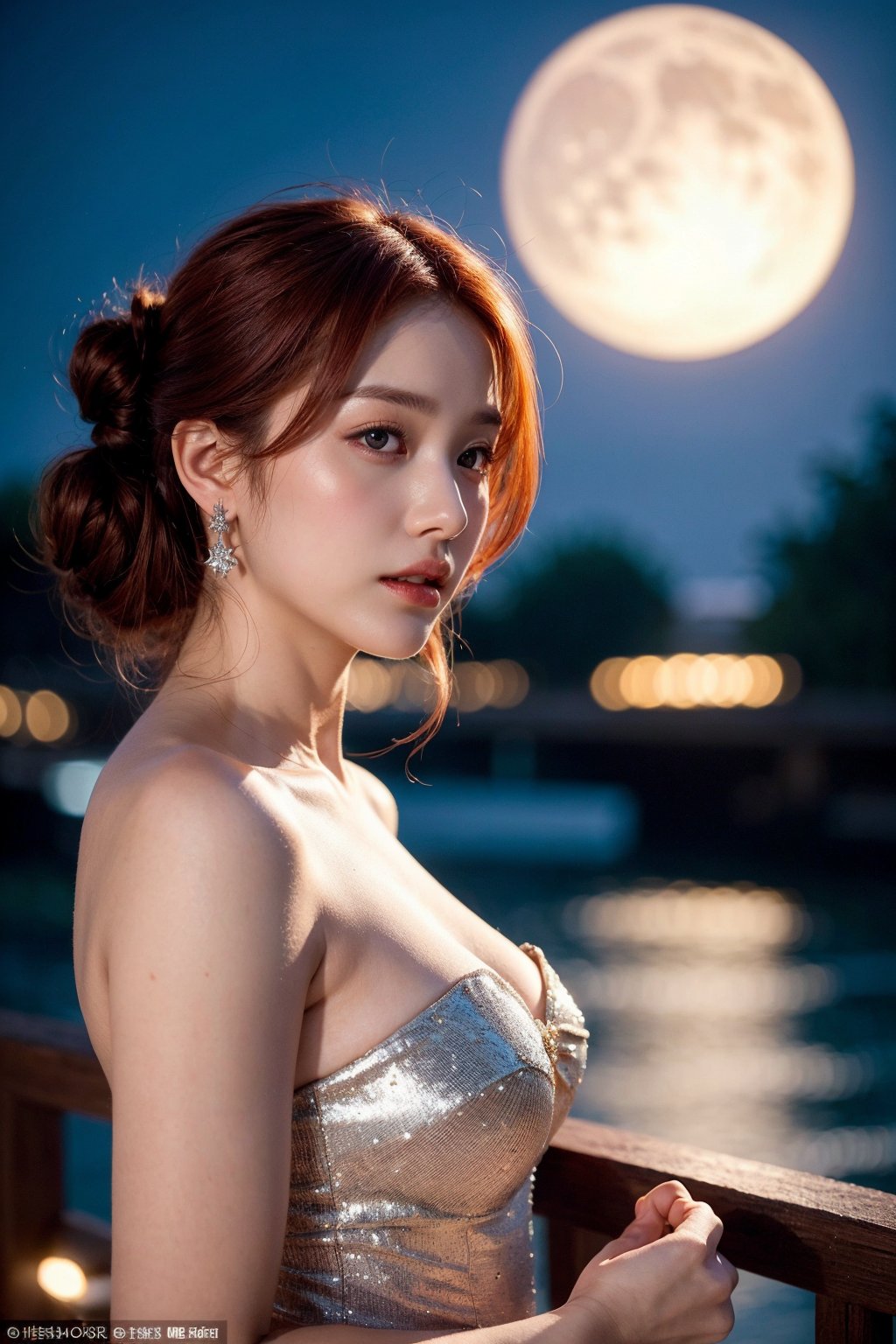 A breathtaking scene unfolds as a ravishing woman with fiery red tresses stands majestically outdoors at night, bathed in the silvery glow of the moon. Her porcelain-doll complexion shines like alabaster, illuminated by the soft lunar rays that dance across her features. A gentle breeze tousles her updo, giving the impression of effortless elegance. With a confident stance and a hint of mischief playing on her lips, she embodies an air of mystique and allure, drawing the viewer's gaze under the star-studded night sky.