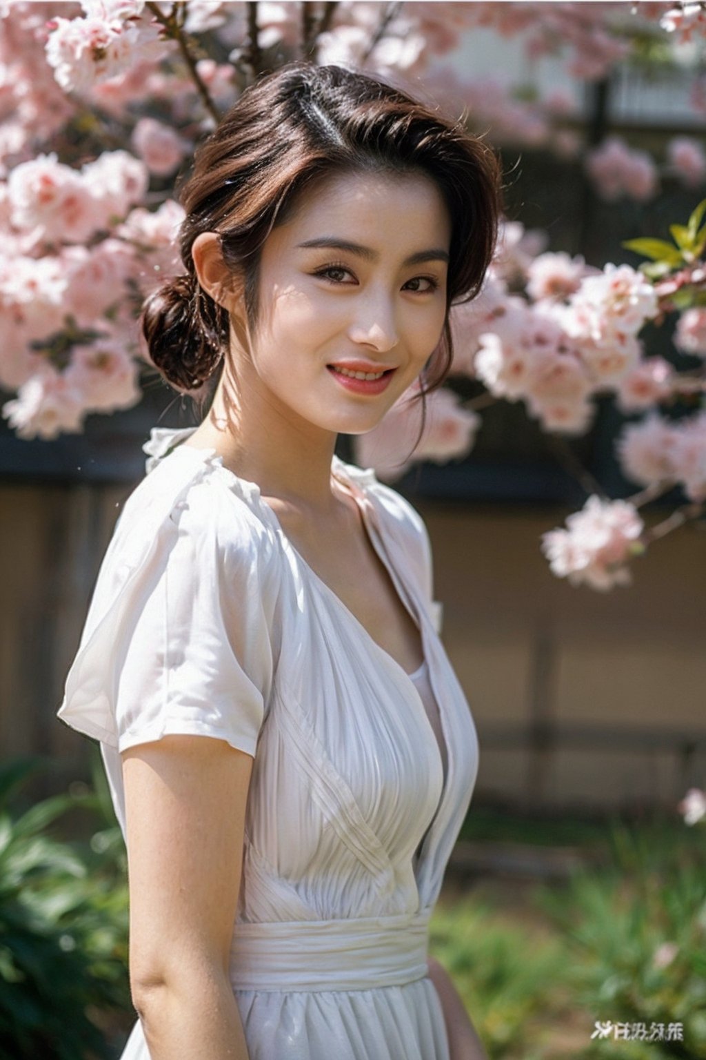 Best quality, raw photo, photorealism, UHD,lifelike rendering, (upper body portrait:1.2), Photo of Beautiful Chinese woman, mid-twenty, kpop idol, stunning, (medium dark brown hair), double eyelids, dark brown eyes, glossy lips, natural medium-large breasts, tall body, soft curves, pale skin, short-sleeve floral-paint loose dress, stunning visuals, lens flare, sharp focus, cherry blossom trees, smile, detailed eyes, detailed facial, detailed real skin texture, detailed fabric rendering, natural soft daylight, ray tracing