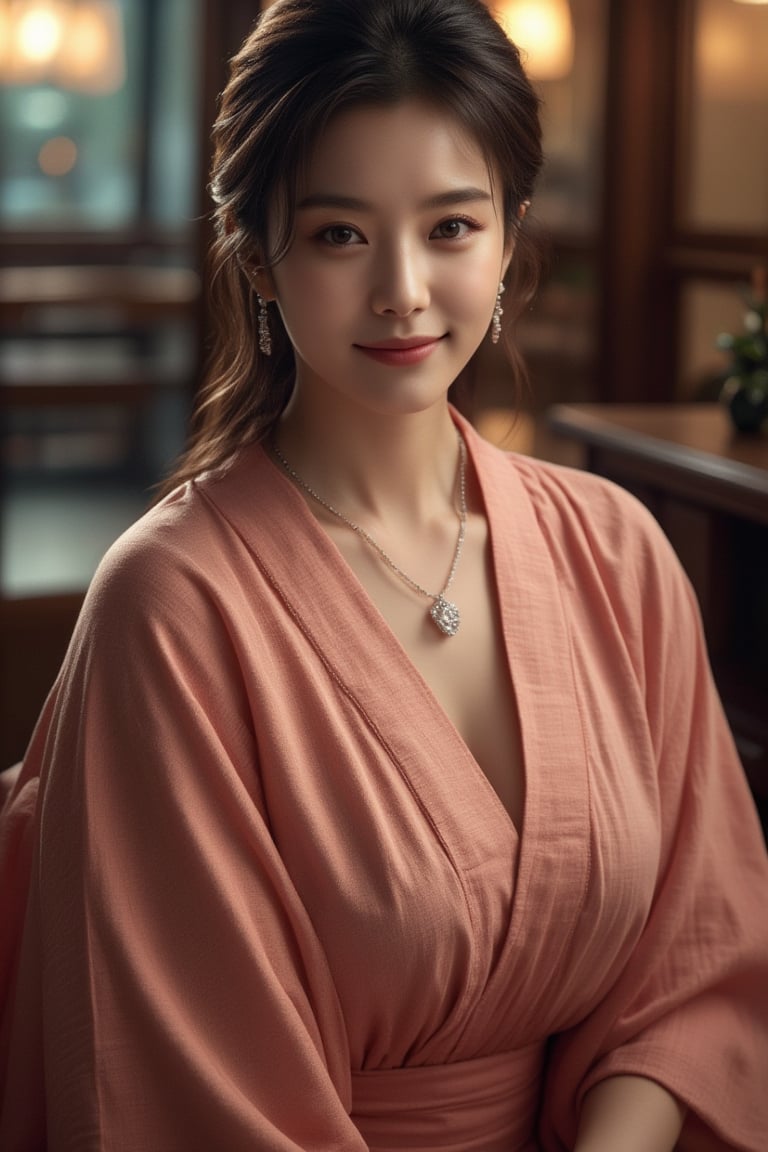 A stunningly beautiful Japanese woman, salmon-colored yukata, cinematic, Photorealistic, highly details, 