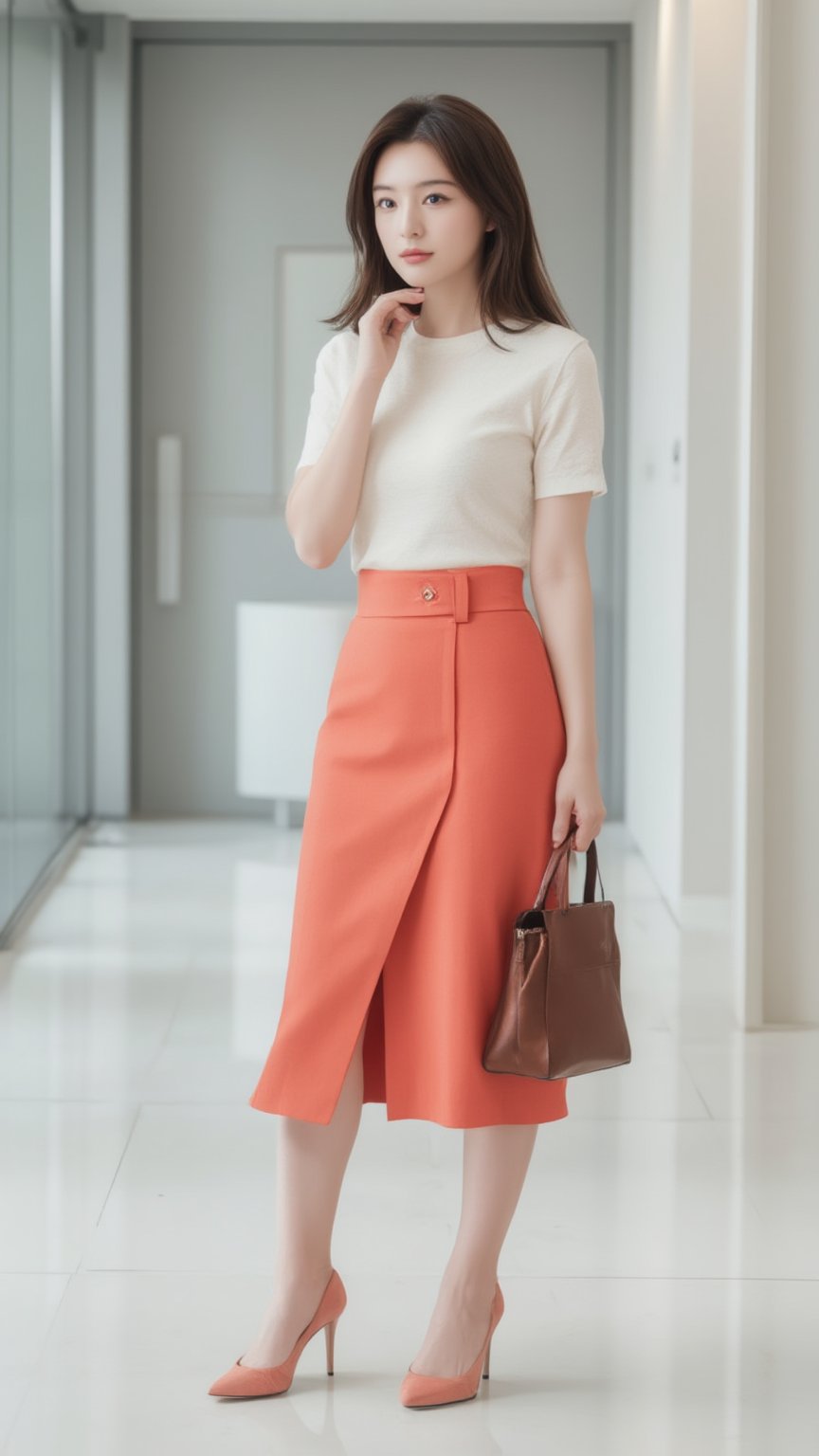 A young Asian woman stands poised on a pristine white tiled floor, dressed in a creamy short-sleeved t-shirt and a vibrant salmon-colored skirt that matches the heels of her pumps. Her right hand cradles a rich brown leather purse as her left hand rests elegantly on her hip. The pose is balanced by her left hand subtly positioned in front of her face. Against this serene backdrop, light grey panels create a warm and inviting atmosphere, harmonizing with her outfit's sophisticated tone.