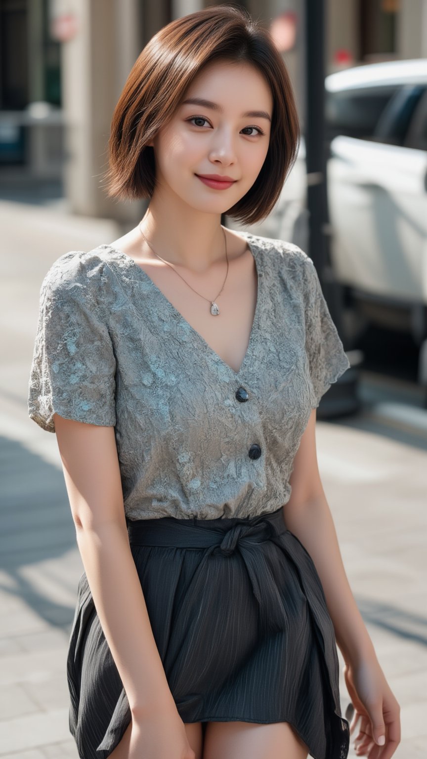 A Beautiful young Korean woman, stunning, short brown hair, oval face shape, (double eyelids), highly detailed glossy eyes, detailed facial, perfect body, beautiful legs, OL outfit, fashion model posing, alluring, charming smile face to camera, photorealistic, highly details 