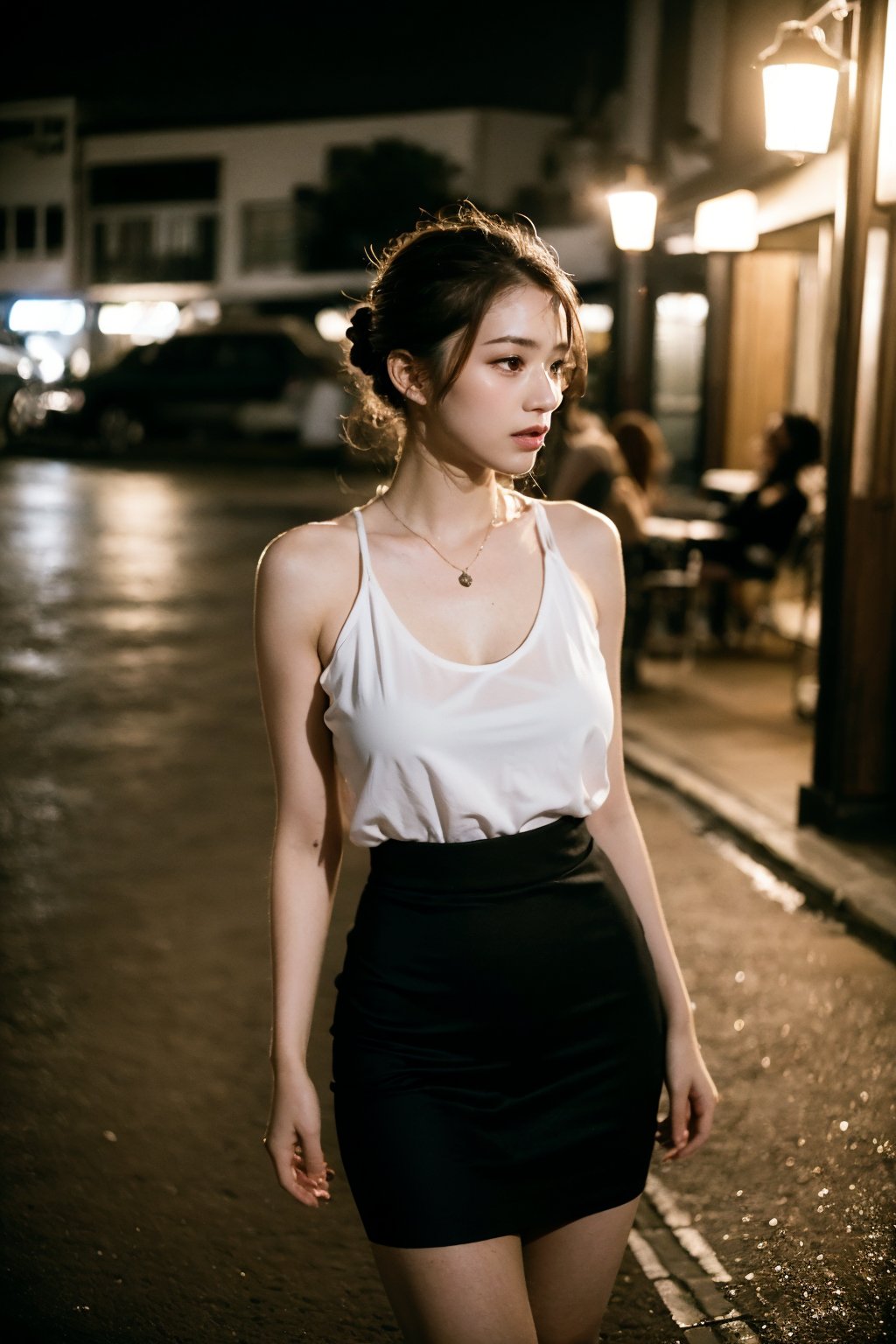 (Best quality, 8k, 32k, Masterpiece, Photoreal, UHD:1.2),Photo of Pretty Japanese woman, 1girl, 22yo, (shoulder-length dark brown updo hair), double eyelids, highly detailed clear and symmetrical glossy eyes, glossy lips, natural round large breasts, wide hips, slender legs, soft curves, (pale skin:1.2), clean skin, detailed skin texture, necklace, blouse, loose long skirt, pumps heels, (midnight, night:1.3), (contrast:1.4), dating at seaside, sharp focus, sexy face, (looking away:1.3), legs focus, highly details, soft and bouncy body, beautiful tits, beautiful legs, detailed eyes, detailed facial, detailed hair, detailed fabric rendering,epiC35mm,