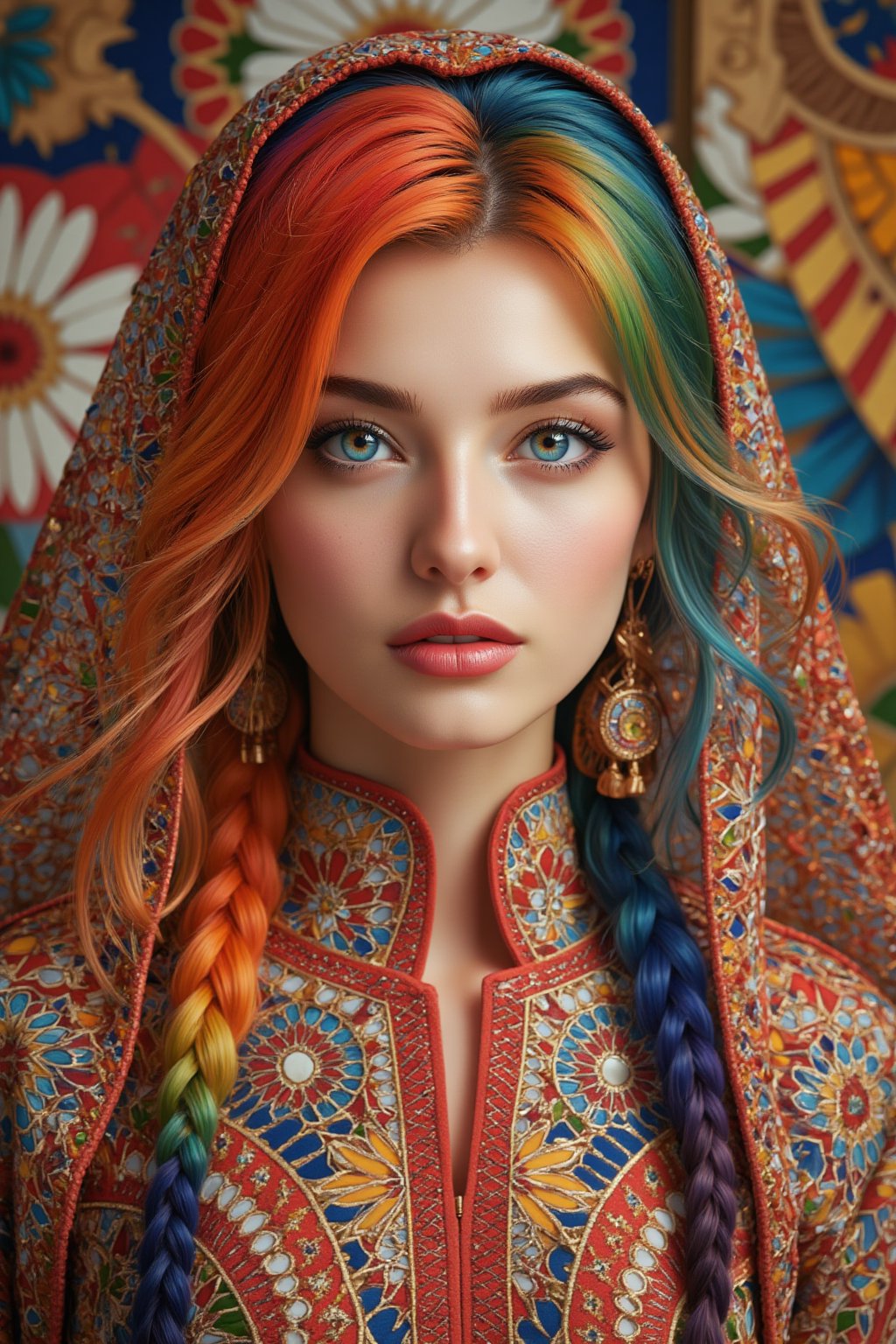 Kitsch maximalism fashion style, woman of Scandinavian descent, long beautiful colorful candy hair, blue eyes, perfect beauty, wearing a beautiful traditional Tajik bridal costume.The luxurious dress is intricately embroidered in gold and red and is very colorful. full of happiness,
,emo,hubggirl,Rainbow haired girl,Midjourney_Whisper,Made of adrr-zllj