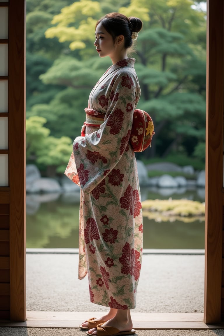 A beautiful Japanese woman, 23yo, full body portrait, kimono, wood slippers, standing at Japan Zen garden, cinematic, amazing composition, highly details,