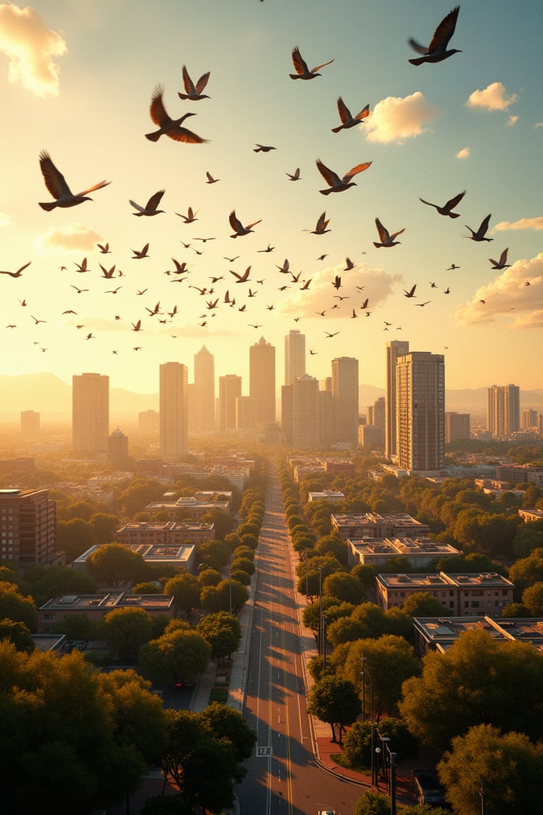 Vast flock of birds in varied plumage descends upon the majestic cityscape of Phoenix, Arizona. Sun-kissed buildings and lush greenery provide a vibrant backdrop as the birds, some with outstretched wings, others in mid-air formation, converge on the metropolis. Golden light casts long shadows amidst the urban landscape.