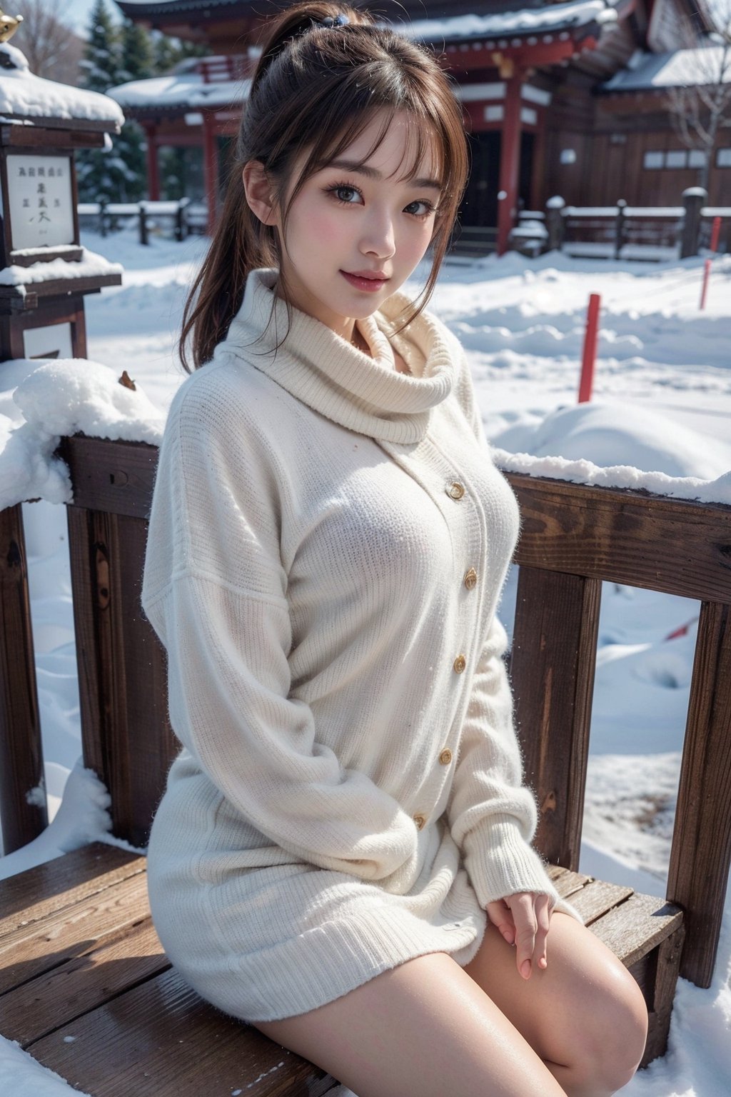 (Best quality, 8k, 32k, Masterpiece, UHD:1.2),Photo of Pretty Japanese woman, stunning, 1girl, (medium dark brown ponytail), double eyelid, natural large breasts, slender legs, tall body, soft curves, white coat, knit dress shirt, checkered skirt, red scarf, snow heeled boot, sitting on stairs on shrine, snowy shrine, heavy snow on shrine, fashion model posing, unforgettable beauty, look at viewer, sexy smile, closed to up, lifelike rendering, detailed facial features, detailed real skin texture, detailed details ,bykm