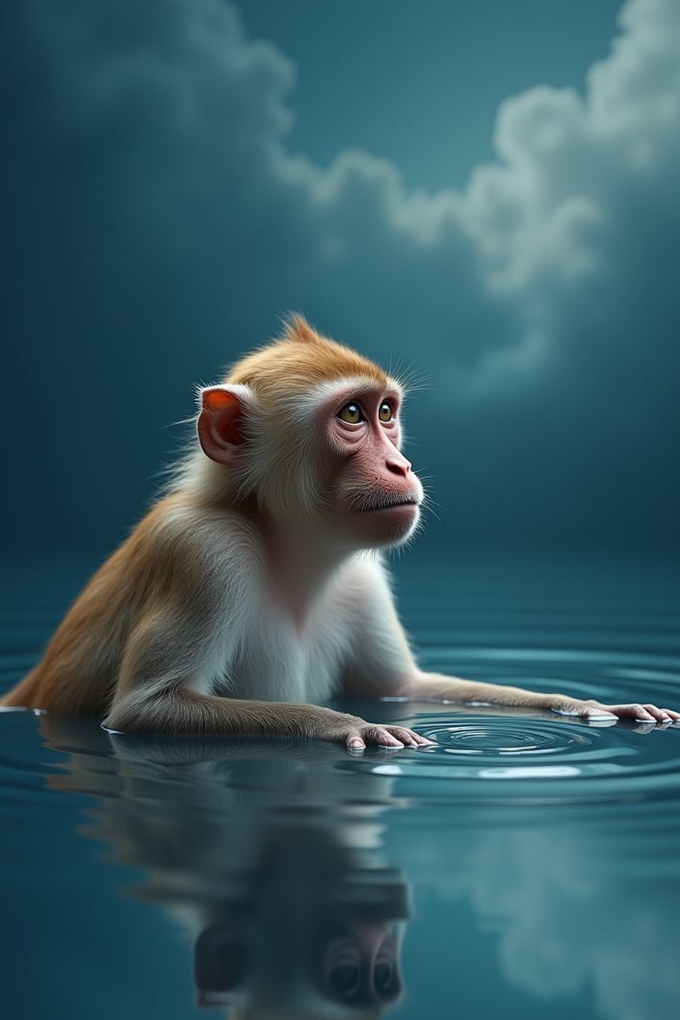 A languid monkey dips into the serene body of water, its face tilted towards the right as it succumbs to the tranquility. Eyes slightly ajar, mouth subtly agape, the primate's hands dip beneath the surface, creating ripples that distort its reflection in the lower-right corner of the frame. Against the deep blue backdrop, wispy clouds drift lazily, as the monkey's serene pose is mirrored in the calm waters.