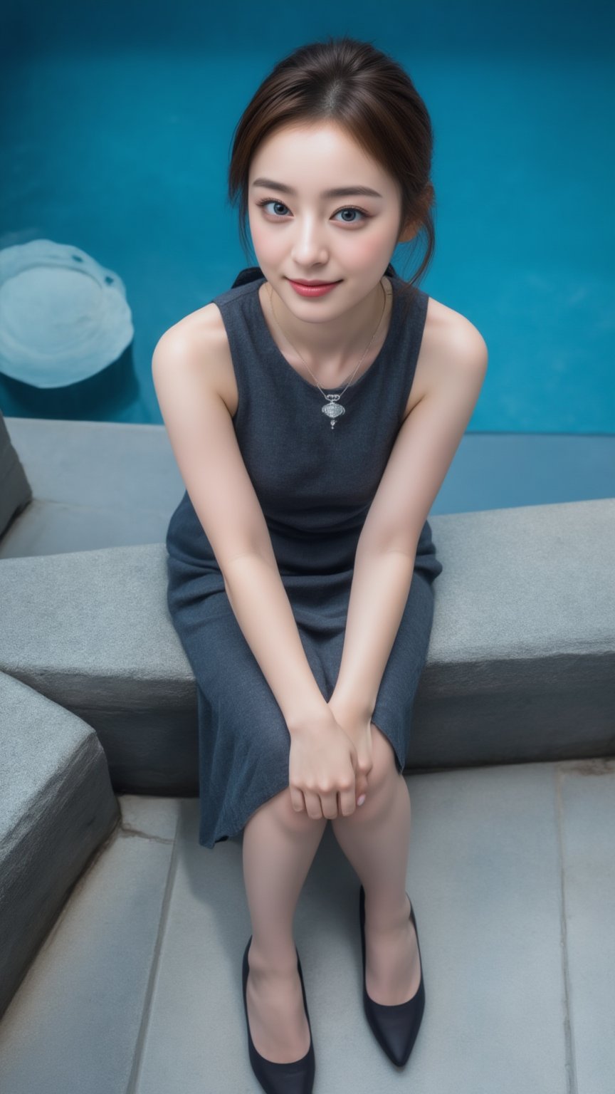 a young Asian woman is seated on a concrete wall, her legs crossed in front of her. She is wearing a sleeveless dress, and paired of stilettos pumps, adorned with a necklace with a diamond charm. Her hair is pulled back in a ponytail, adding a touch of movement to her face. The backdrop is a vibrant shade of blue, with a pool of water in the background. The lighting is subdued, creating a sharp focus on the scene.