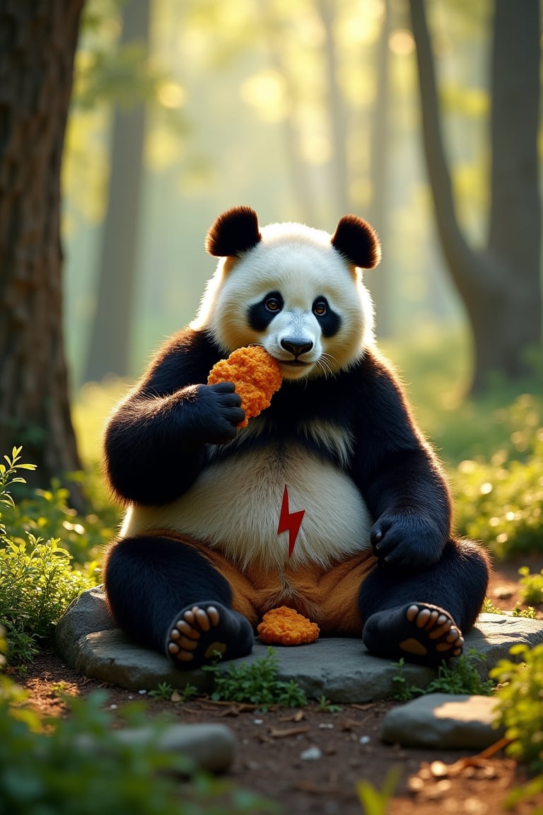 In a lush, sun-dappled clearing deep within the woods, a giant panda sits comfortably on a natural rock formation, surrounded by tall trees and underbrush. He holds a crispy piece of fried chicken in his paw, taking a leisurely bite as he savors the savory flavors. The lighting is soft and warm, casting dappled shadows across the forest floor. panda body have a thunderbolt sign mark