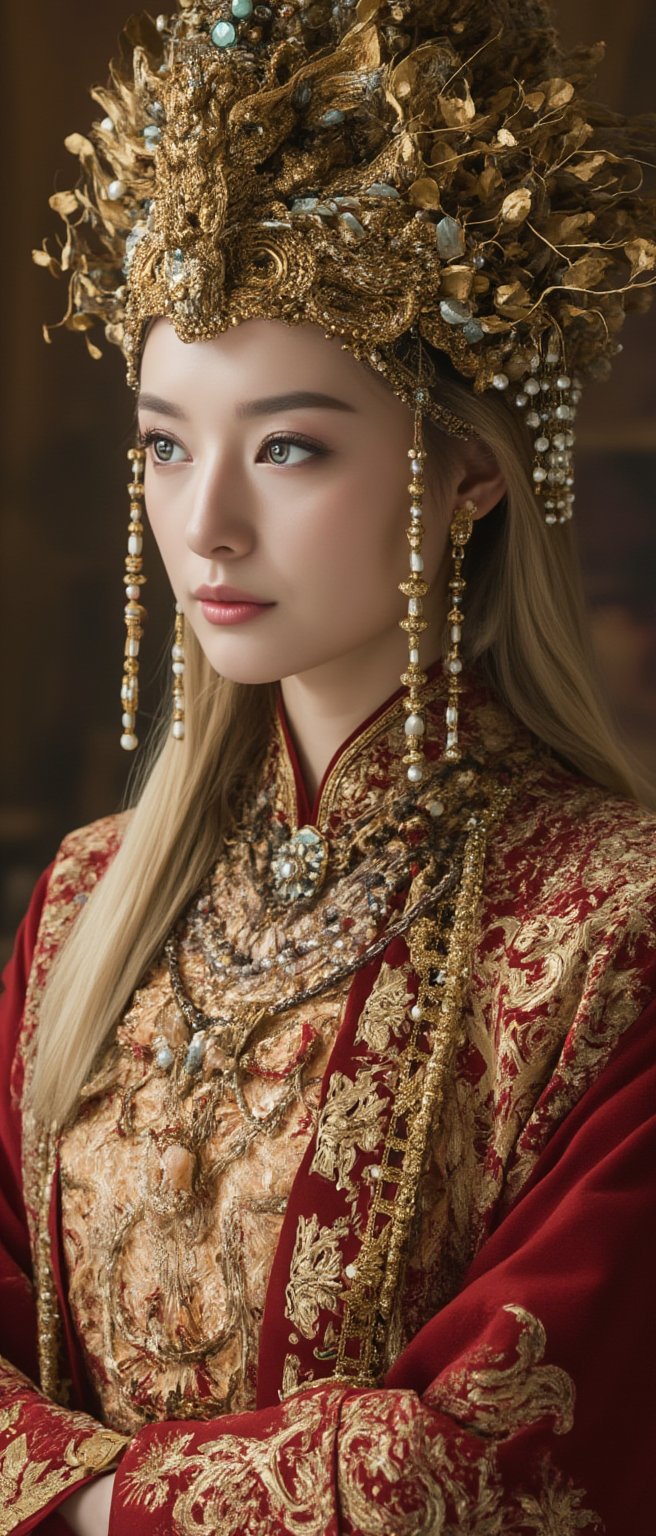 A stunning (Asian woman), wearing an opulent ancient Chinese empress costume,Her Slavic features, blue eyes and fair skin, contrast beautifully with the ornate Chinese attire, Elaborate headdress adorned with gold filigree, jade beads, and hanging pearls, Intricate phoenix crown with delicate golden leaves and gemstones,Layered silk robes in rich red and gold, embroidered with dragons and auspicious symbols, Wide, flowing sleeves with detailed embroidery, Ornate collar piece studded with precious stones,Long blonde hair partially visible beneath the headdress,Beautiful woman,Photorealistic, cinematic 