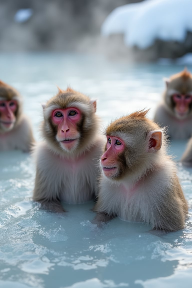 A serene winter morning at Jigokudani Monkey Park, Japan. A group of Japanese wild macaques gather around the natural hot springs, their fur fluffed against the cold air. Steam rises from the bubbling water as the monkeys immerse themselves, their playful chatter and gentle splashing filling the crisp atmosphere.