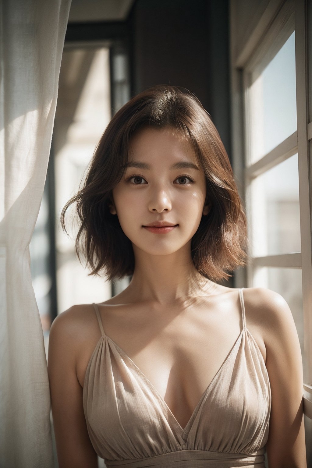 Best quality, raw photo, Photorealistic, UHD,lifelike rendering, (upper body portrait:1.2), Photo of Beautiful Korean woman, 24yo, stunning, (medium dark brown hair), double eyelids, highly detailed glossy dark brown eyes, natural medium-large breasts, pale skin, skin pores, daily outfit, tulle-chiffon dress, sharp focus, sexy face, smile, look at viewer, from below, closed to up, thighs focus, detailed real skin texture, detailed fabric rendering, natural soft daylight, ray tracing,flashphoto,epiC35mm