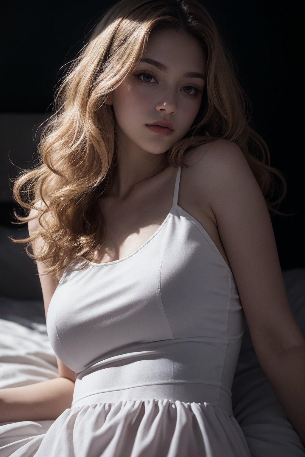 (Best quality, 8k, 32k, raw photo, photorealistic, UHD:1.2),lifelike rendering, (upper body portrait:1.2), Photo of Beautiful caucasian woman, 1girl, 24yo, stunning, (medium blonde wavy hair), double eyelids, detailed facial, perfect round medium-large breasts, wide hips, plump figure, (pale skin:1.2), (white cotton underdress), lace thong, (dark bedroom:1.3), (lying on bed:1.2), (lying touching close side:1.4), just wake up, sharp focus, sexy face, charming, from side, eyes to camera, messy hair, detailed fabric rendering, (low key, dark theme, in the dark:1.3),epiC35mm