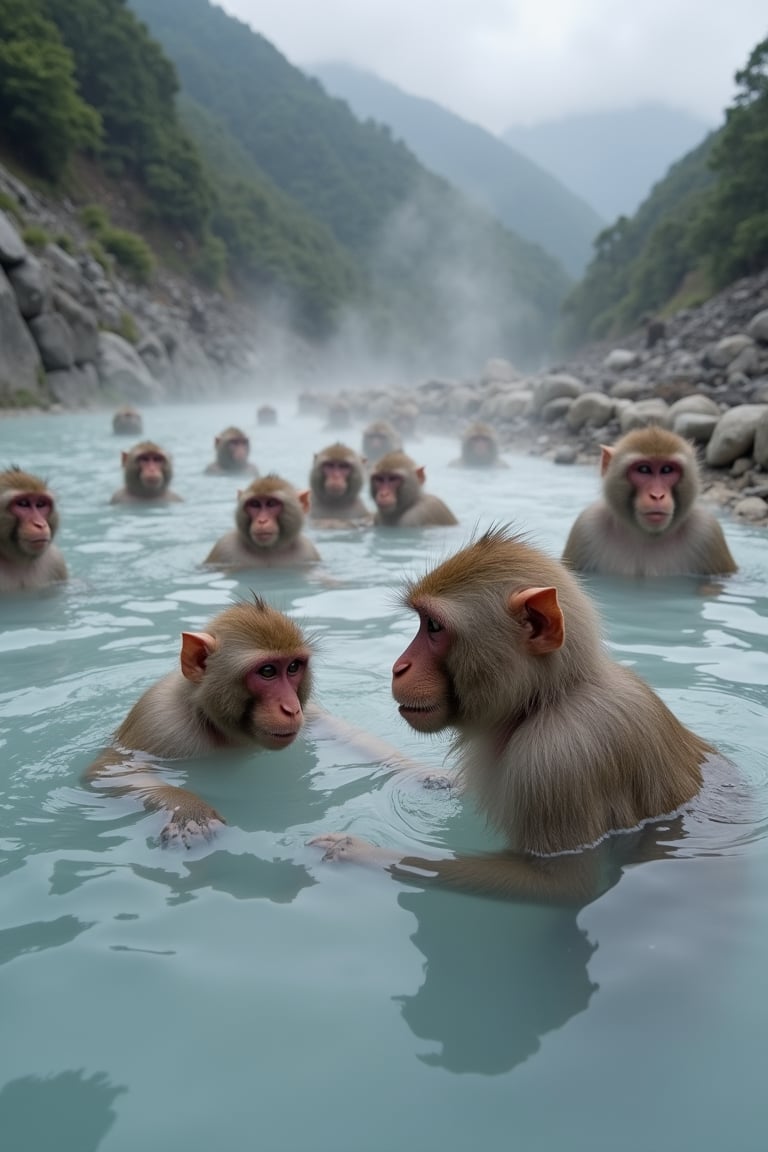 Jigokudani Monkey Park, a group of Japanese wild macaques bathing in hot springs