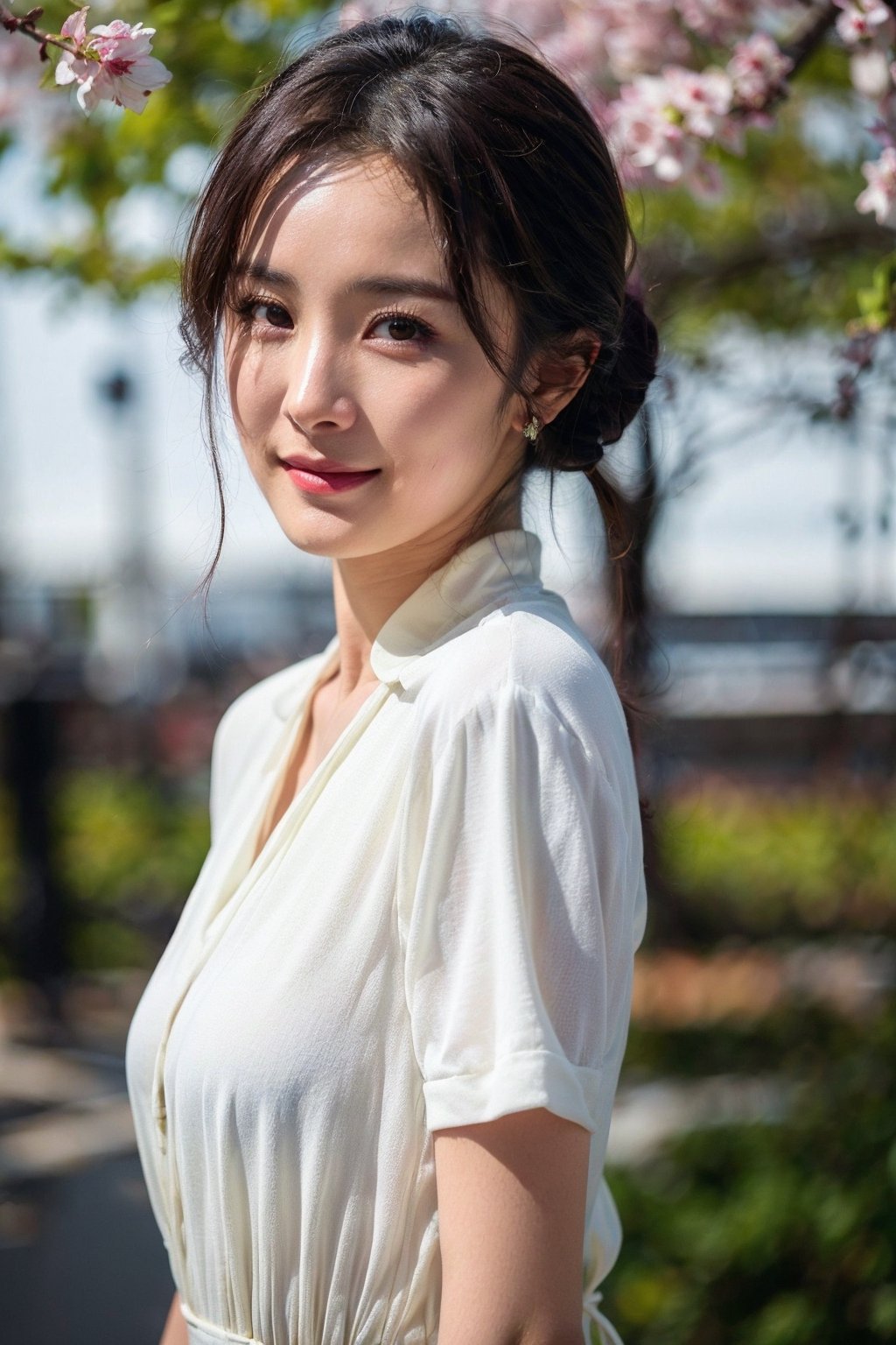 Best quality, raw photo, photorealism, UHD,lifelike rendering, (upper body portrait:1.2), Photo of Beautiful Chinese woman, mid-twenty, kpop idol, stunning, (medium dark brown hair), double eyelids, dark brown eyes, glossy lips, natural medium-large breasts, tall body, soft curves, pale skin, short-sleeve floral-paint loose dress, stunning visuals, lens flare, sharp focus, cherry blossom trees, smile, detailed eyes, detailed facial, detailed real skin texture, detailed fabric rendering, natural soft daylight, ray tracing