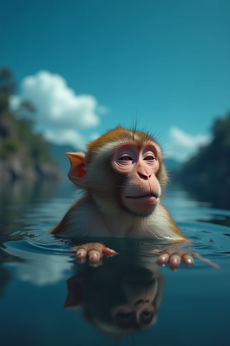 Captured from a low-angle perspective, a monkey is swimming in a body of water. The monkey's face is angled towards the right, with its eyes closed. Its eyes are slightly open, and its mouth is slightly open. Its hands are submerged in the water, and the monkey's reflection can be seen in the lower right corner of the frame. The backdrop of the monkey is a deep blue, with a few wispy clouds in the air.