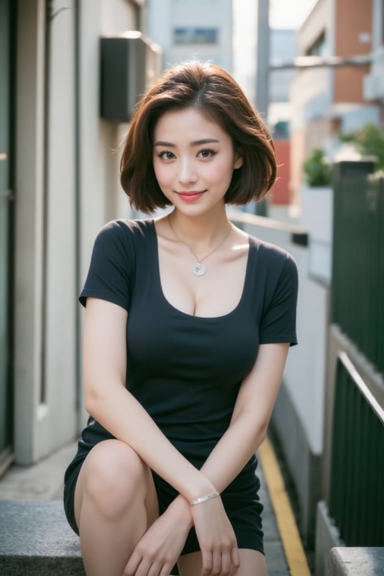 Vibrant city streets backdrop: A 24-year-old Japanese beauty poses confidently amidst bustling urban landscape. Short brown hair styled effortlessly frames expressive eyes and facial features. Warm smile plays on lips as she wears short-sleeve dress with necklace, pale skin glowing under bright sunlight highlighting toned legs. Modern streetwear outfit complements slender, busty physique against gritty architectural details.