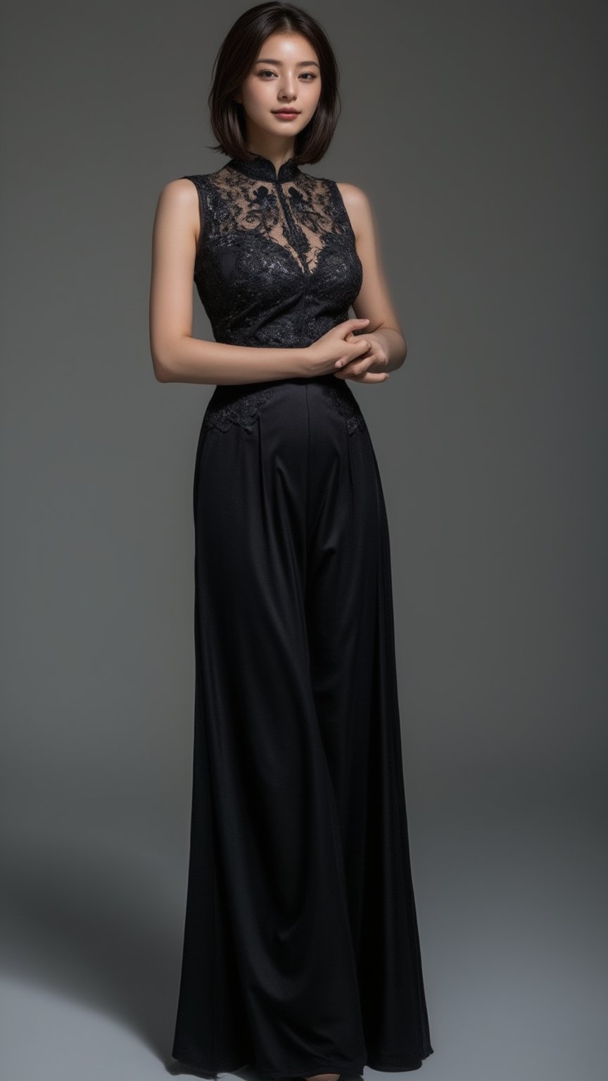 a Beautiful Chinese woman stands in a black sleeveless dress, ornate embroidered, adorned with a high neckline. Her hair is styled in a sleek bob, adding a touch of movement to her face. The dress is fitted to her body, accenting a sleek black color. The backdrop is a stark grey, creating a stark contrast to the woman's dress.