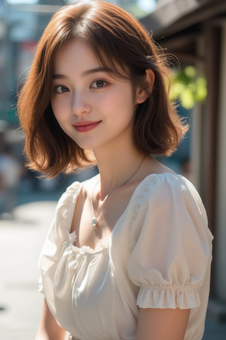 A beautiful Japanese woman, 24 years old, short brown hair, expressive eyes, detailed face, charming smile, slender busty body, pale skin, street style outfit, short-sleeve dress, posing outdoors in a bright, street snap, highly details, Photorealistic, cinematic,