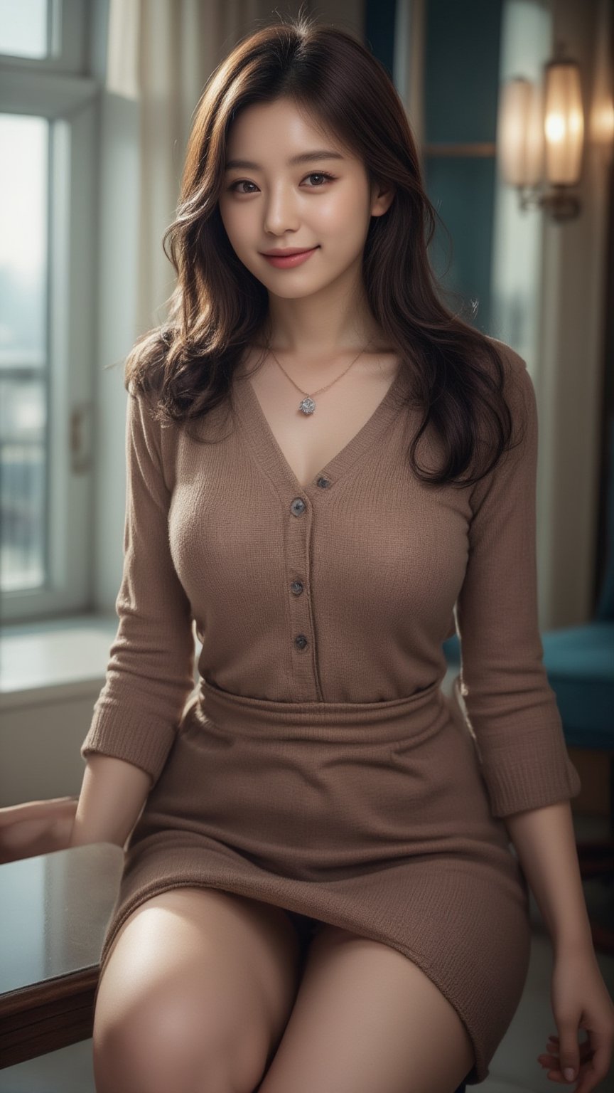 A young Beautiful Korean woman, short brown hair, daily outfit, turtleneck dress, pumps, wearing glasses, charming smile face to camera