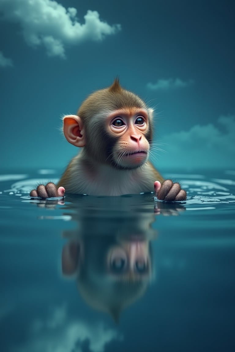 In a serene aquatic scene, a monkey's tranquil form emerges from a calm body of water, captured at a low angle. Its face, angled towards the right, reveals eyes slightly ajar and a relaxed mouth. Submerged hands reflect off the rippling surface, mirrored by its own reflection in the lower right corner of the frame. Against a deep blue backdrop, wispy clouds drift lazily above, as the monkey's serene pose invites contemplation.