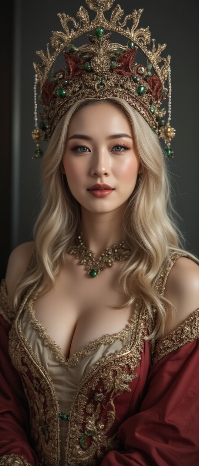 A stunning (Asian woman), wearing an opulent ancient Chinese empress costume,Her Slavic features, blue eyes and fair skin, contrast beautifully with the ornate Chinese attire, Elaborate headdress adorned with gold filigree, jade beads, and hanging pearls, Intricate phoenix crown with delicate golden leaves and gemstones,Layered silk robes in rich red and gold, embroidered with dragons and auspicious symbols, Wide, flowing sleeves with detailed embroidery, Ornate collar piece studded with precious stones,Long blonde hair partially visible beneath the headdress,Beautiful woman,Photorealistic, cinematic 