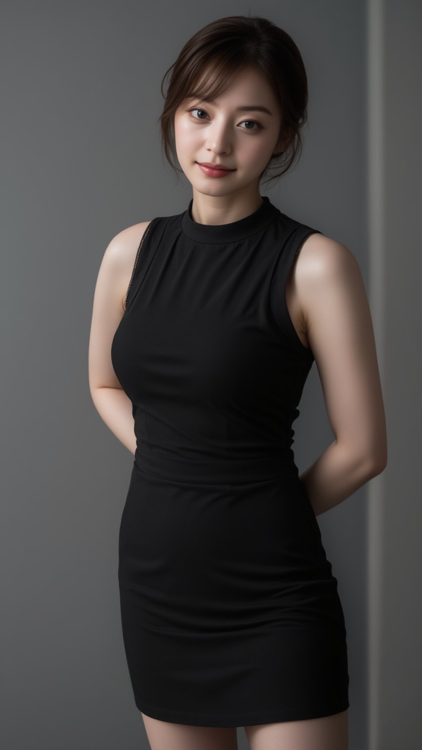 a woman stands in a black sleeveless dress, adorned with a high neckline. Her hair is styled in a sleek bob, adding a touch of movement to her face. The dress is fitted to her body, accenting a sleek black color. The backdrop is a stark grey, creating a stark contrast to the woman's dress.looking at camera 