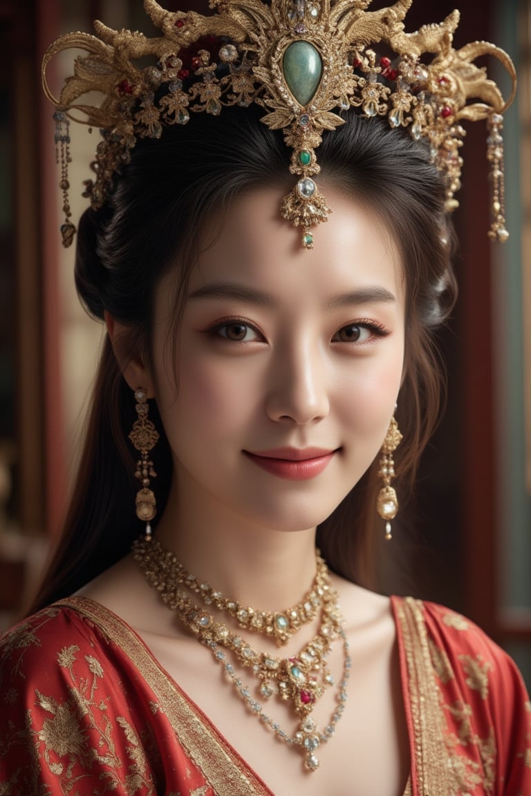 A stunning (Asian woman), wearing an opulent ancient Chinese empress costume,Her Slavic features, brown eyes and detailed pale skin texture, contrast beautifully with the ornate Chinese attire, Elaborate headdress adorned with gold filigree, jade beads, and hanging pearls, Intricate phoenix crown with delicate golden leaves and gemstones,Layered silk robes in rich red and gold, embroidered with dragons and auspicious symbols, Wide, flowing sleeves with detailed embroidery, Ornate collar piece studded with precious stones,Long blonde hair partially visible beneath the headdress,Beautiful woman,Photorealistic, cinematic 