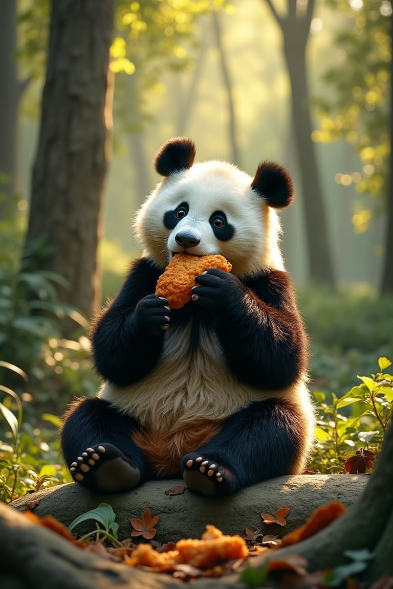 In a lush, sun-dappled clearing deep within the woods, a giant panda sits comfortably on a natural rock formation, surrounded by tall trees and underbrush. He holds a crispy piece of fried chicken in his paw, taking a leisurely bite as he savors the savory flavors. The lighting is soft and warm, casting dappled shadows across the forest floor.