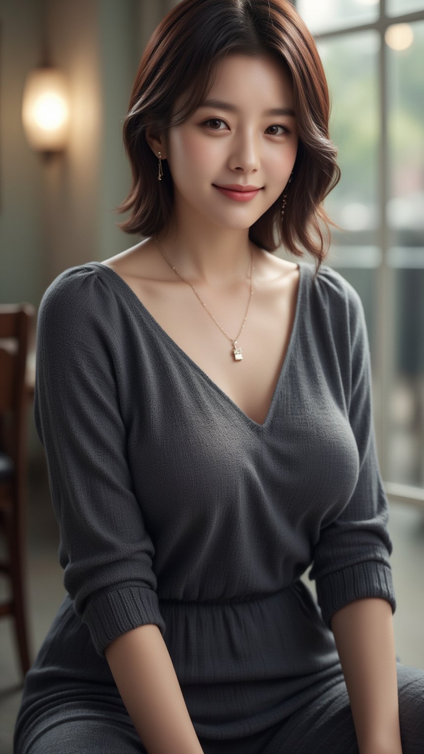 A Beautiful young Korean woman, stunning, short brown hair, oval face shape, (double eyelids), highly detailed glossy eyes, perfect body, daily outfit, charming smile face to camera, photorealistic, highly details 