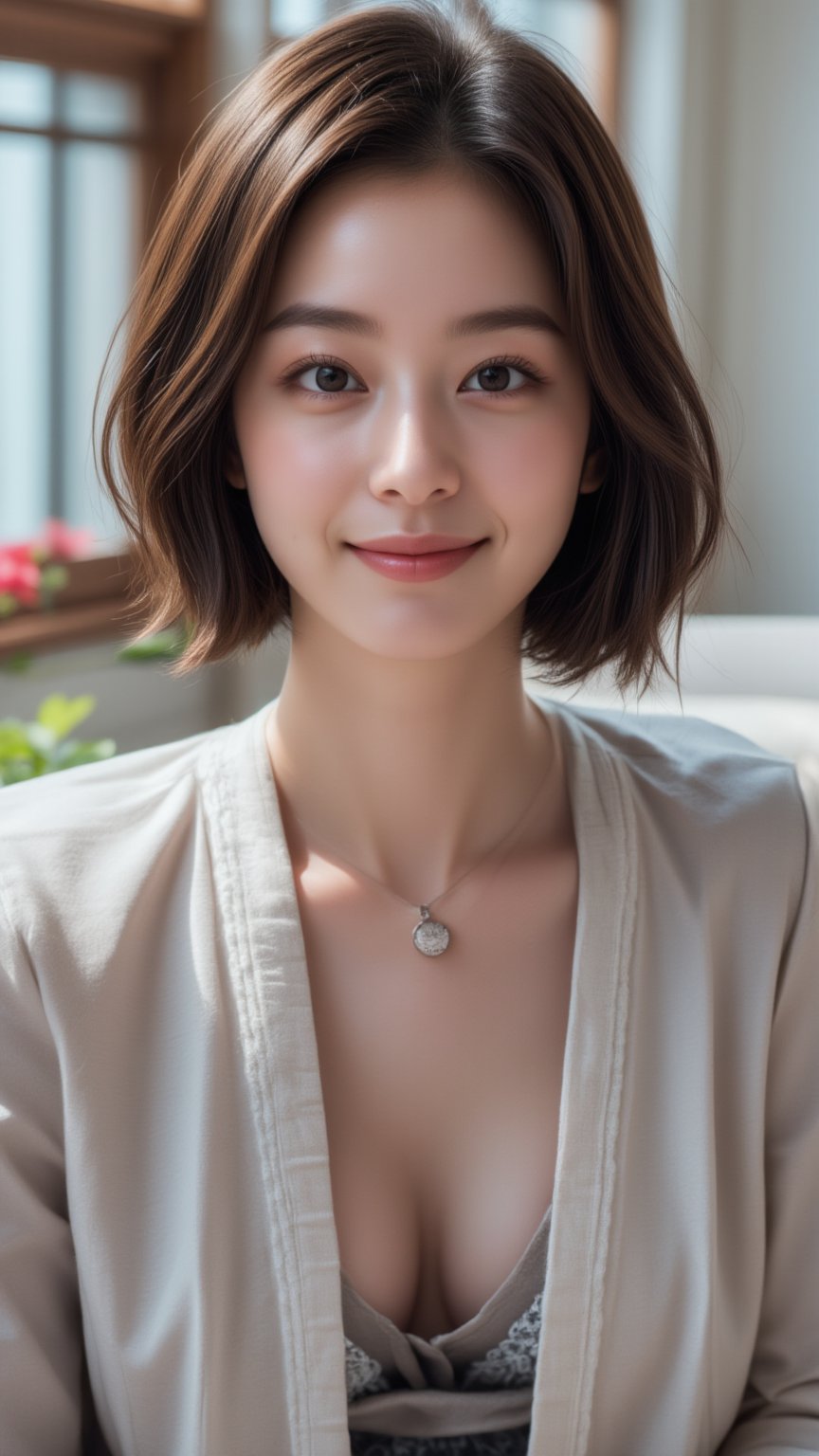 A Beautiful young Korean woman, stunning, short brown hair, oval face shape, (double eyelids), highly detailed glossy eyes, perfect body, daily outfit, charming smile face to camera, photorealistic, highly details 