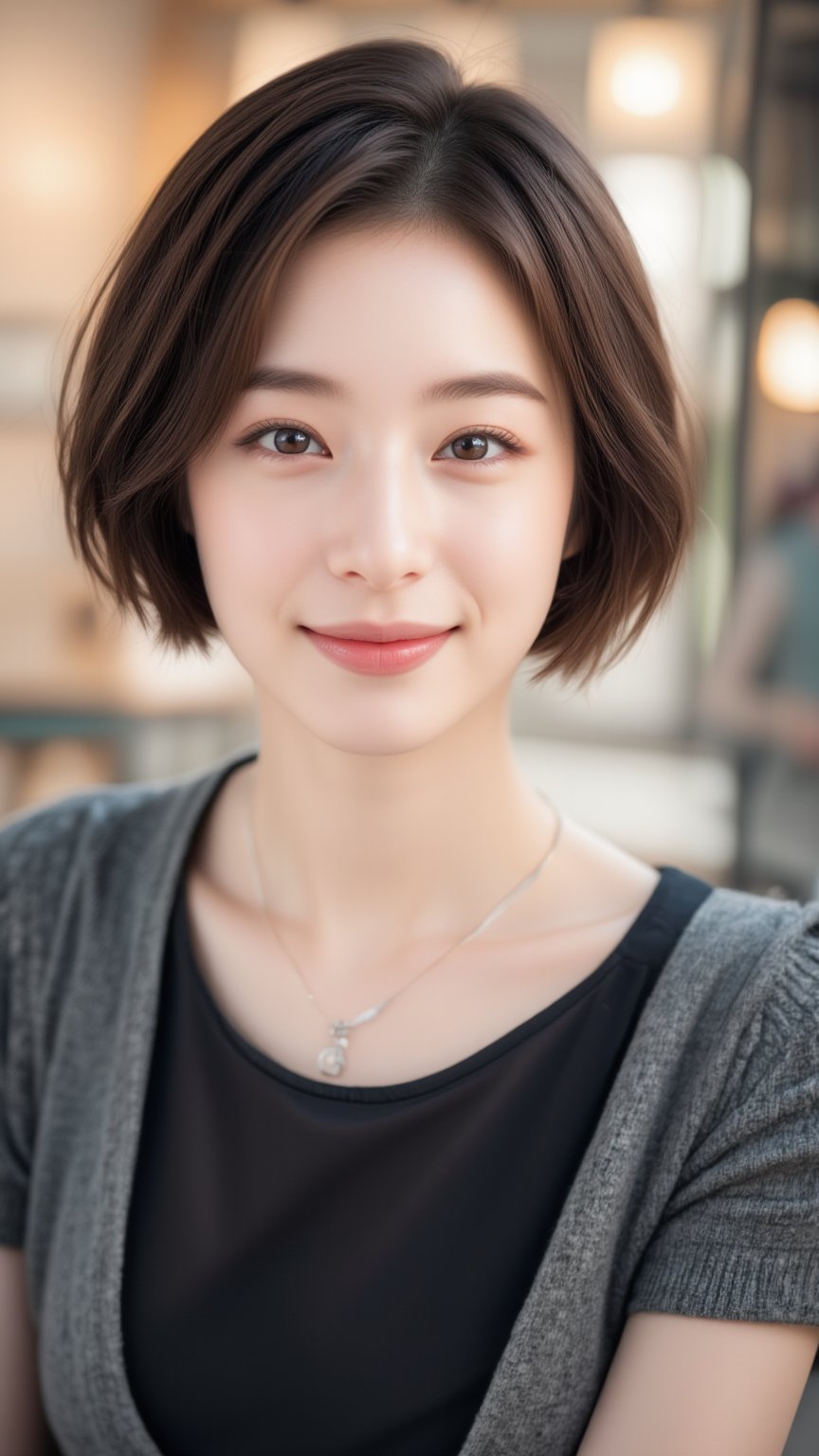 A Beautiful young Korean woman, stunning, short brown hair, oval face shape, (double eyelids), highly detailed glossy eyes, perfect body, daily outfit, charming smile face to camera, photorealistic, highly details 