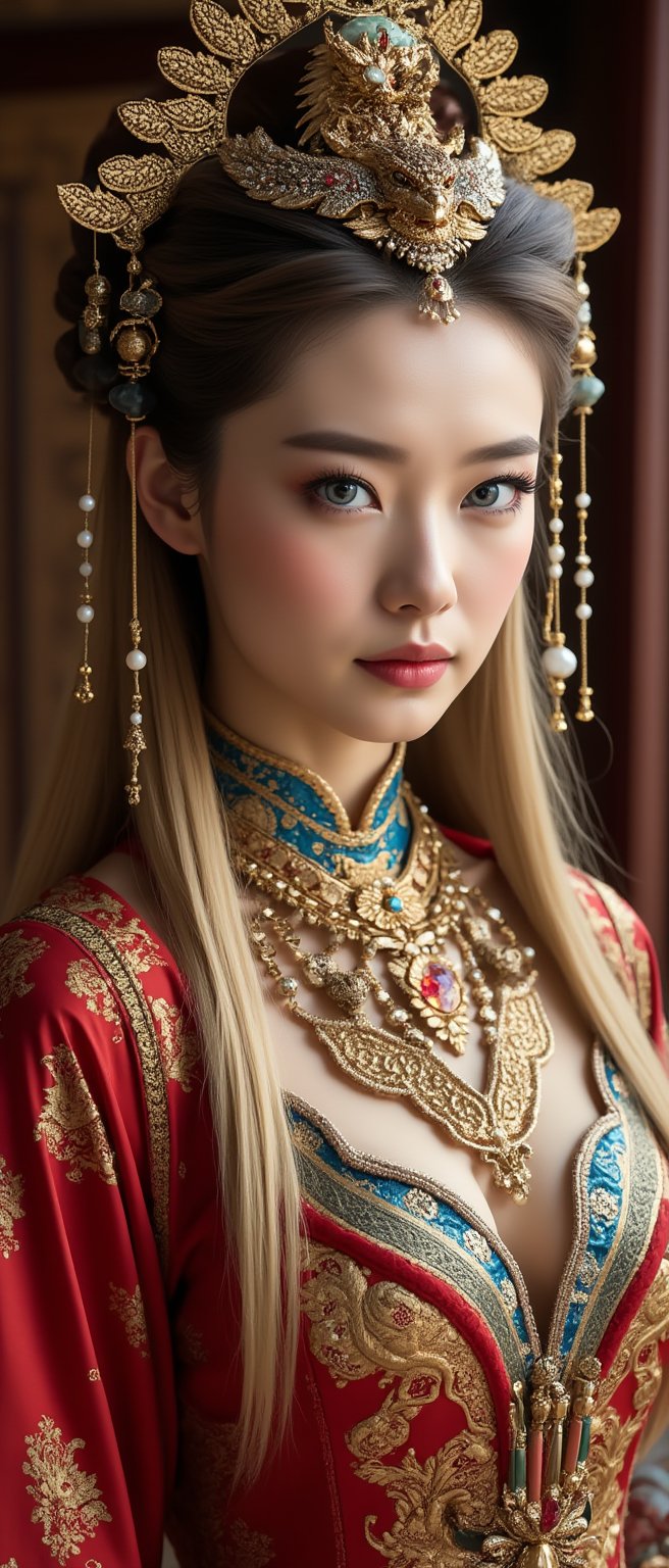 A stunning (Asian woman), wearing an opulent ancient Chinese empress costume,Her Slavic features, blue eyes and fair skin, contrast beautifully with the ornate Chinese attire, Elaborate headdress adorned with gold filigree, jade beads, and hanging pearls, Intricate phoenix crown with delicate golden leaves and gemstones,Layered silk robes in rich red and gold, embroidered with dragons and auspicious symbols, Wide, flowing sleeves with detailed embroidery, Ornate collar piece studded with precious stones,Long blonde hair partially visible beneath the headdress,Beautiful woman,Photorealistic, cinematic 