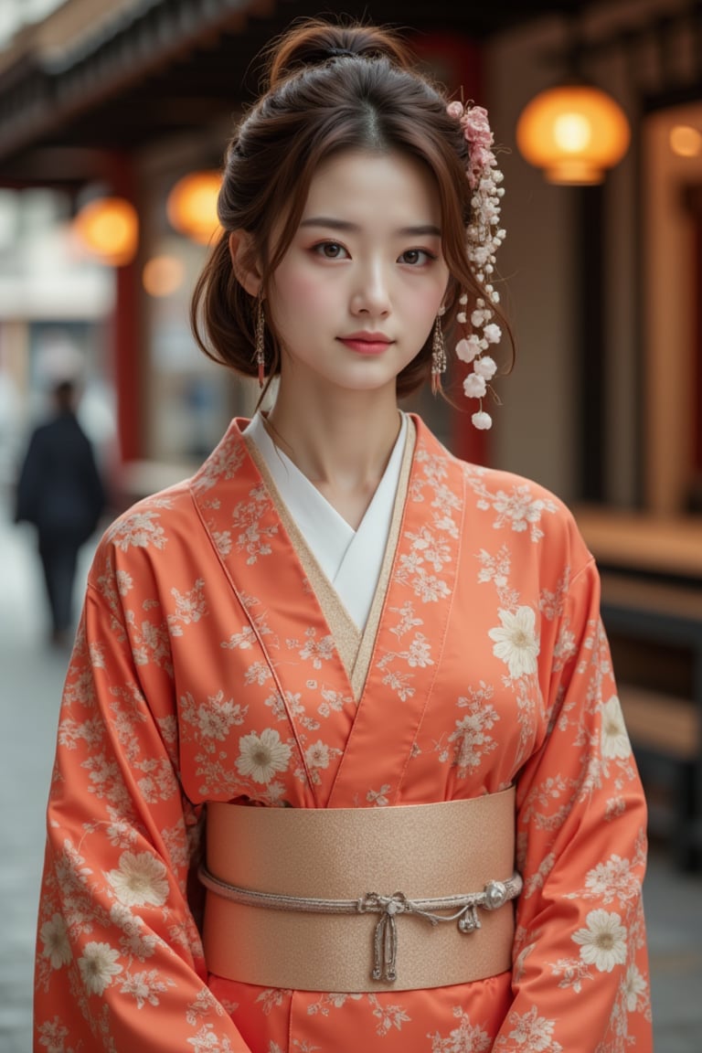 A beautiful Japanese woman, salmon-colored kimono, cinematic, highly details