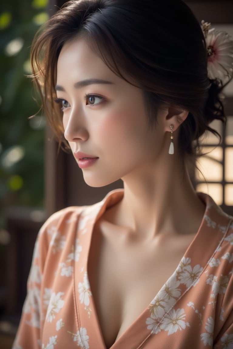 A stunningly beautiful Japanese woman, salmon-colored kimono, eyes on camera, cinematic, highly details, immersive atmosphere, impeccably detailed, visually stunning, transfixing looks, emotive depth, artistic emotionality, compelling glances, 