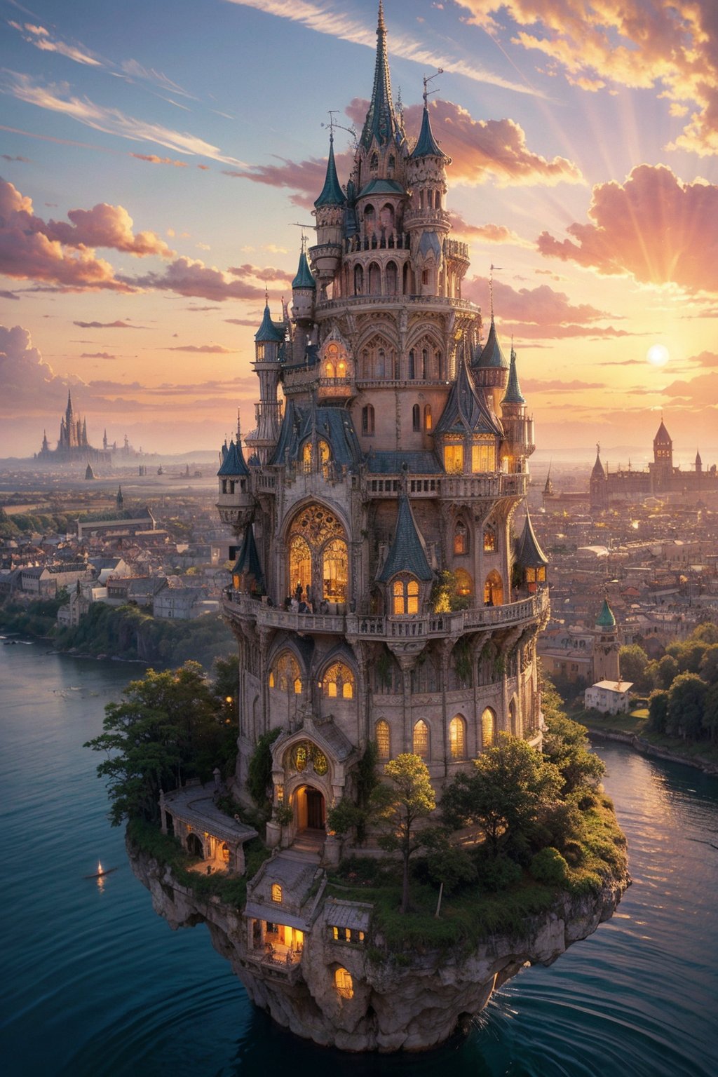 A whimsical illustration of Laputa, the mystical floating city from Studio Ghibli's 'Castle in the Sky', set against a warm sunset sky with wispy clouds. The majestic castle's towers and spires rise majestically, surrounded by a halo of golden light. Characters like Pazu and Sheeta can be seen exploring the intricate architecture or gazing out at the breathtaking view.