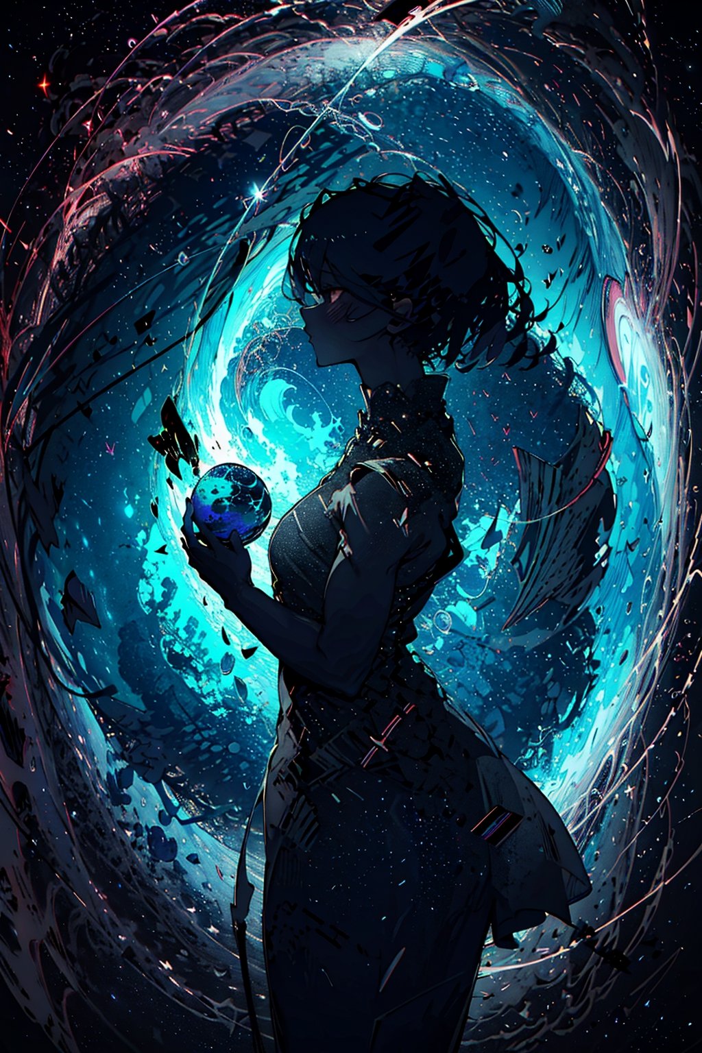 (view from above),masterpiece, best quality, ultra high res, (abstract art:1.3), (dark theme:1.2), art, stylized, deep shadow, dark theme, 1girl, cosmic dress, cosmic beauty, in space, nebula,EpicSky,hourglass body shape,	 SILHOUETTE LIGHT PARTICLES,ninjascroll,EpicArt,xyzabcplanets