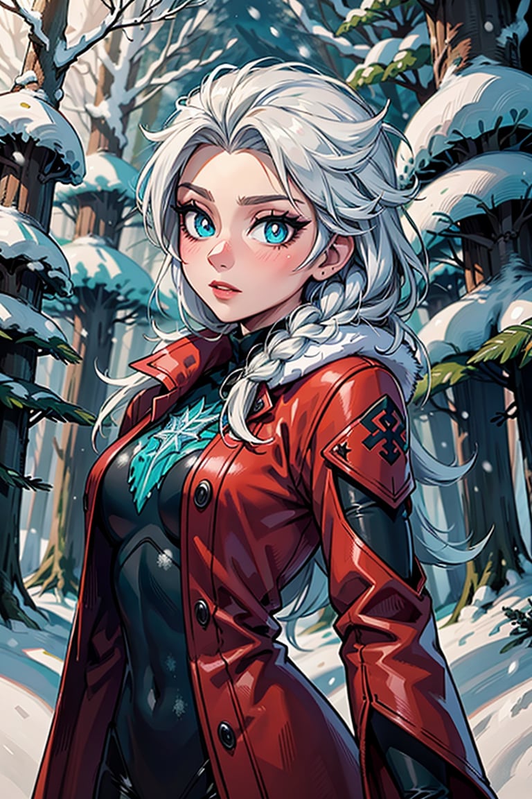 (masterpiece), 8k, beautiful artwork, (\Frozen\) elsa, perfect eyes, blue pupils, [ flowerpunk --2 ], queen V0.22, snow, (snowy forest:1.5), {{futuristic clothing}}