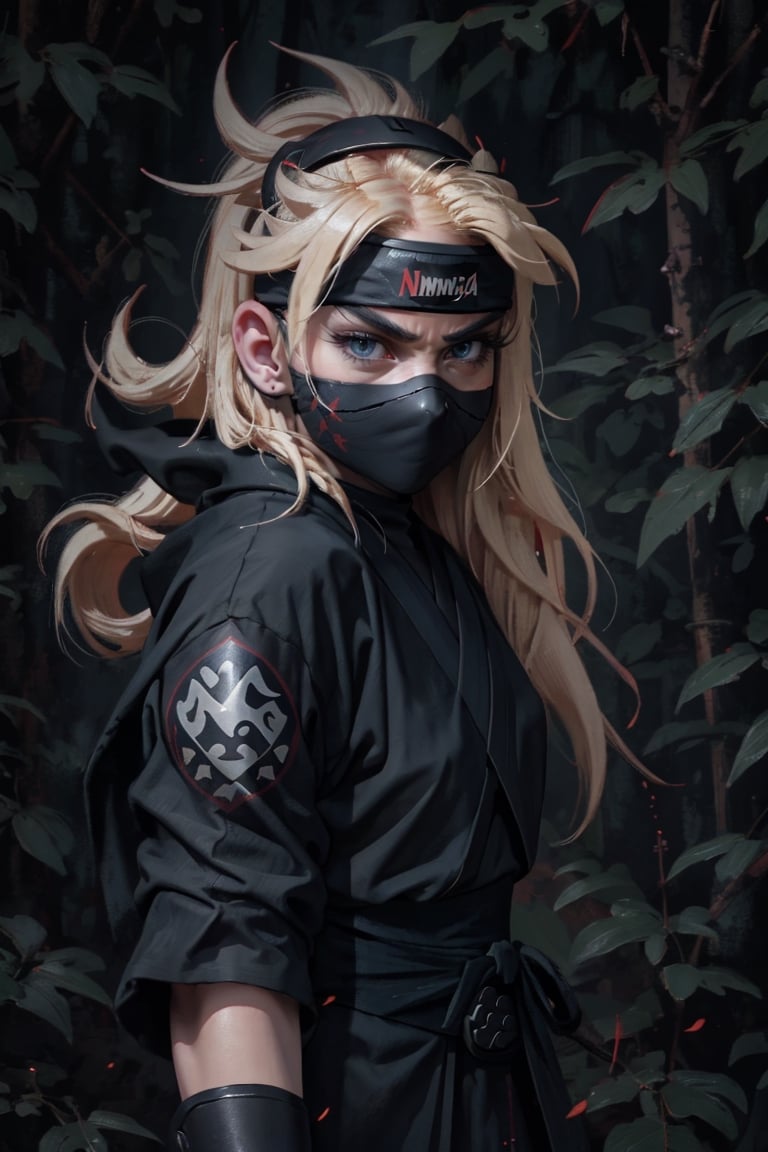 1girl, (Ninja:1.4), [[detailed]], full HD, HDR_soft, open field, 9k, blonde_hair, custom_detailed_clothing-(Ninja),star butterfly,BJ_Oil_painting, +Dark theme ninja_Dragon+