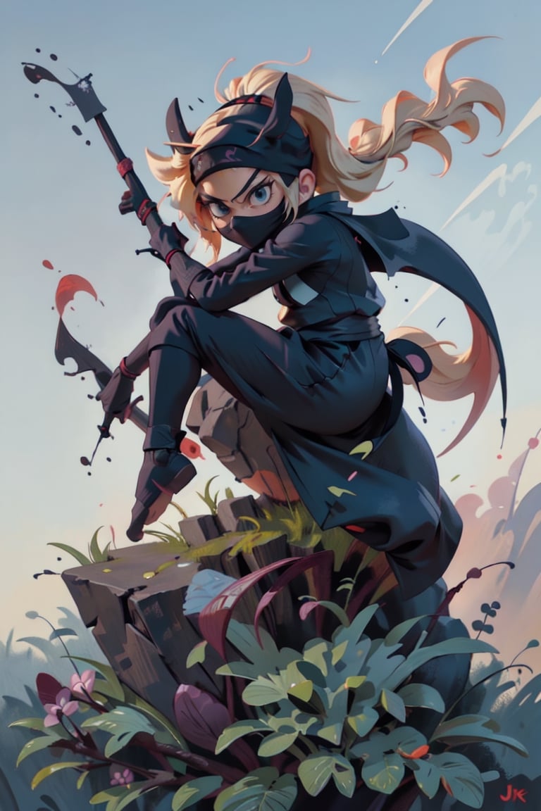 1girl, (Ninja:1.4), [[detailed]], full HD, HDR_soft, open field, 9k, blonde_hair, custom_detailed_clothing-(Ninja),star butterfly,BJ_Oil_painting, +Dark theme ninja_Dragon+