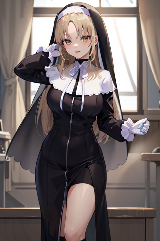 masterpiece, best quality, highres, clearire1, 1girl, sister cleaire, white capelet, full-length zipper, nun, long hair, white gloves, habit, kneehighs, black socks, long sleeves, black dress, yellow eyes, large breasts, parted bangs, long dress, ribbon, light brown hair, very long hair, blonde hair,