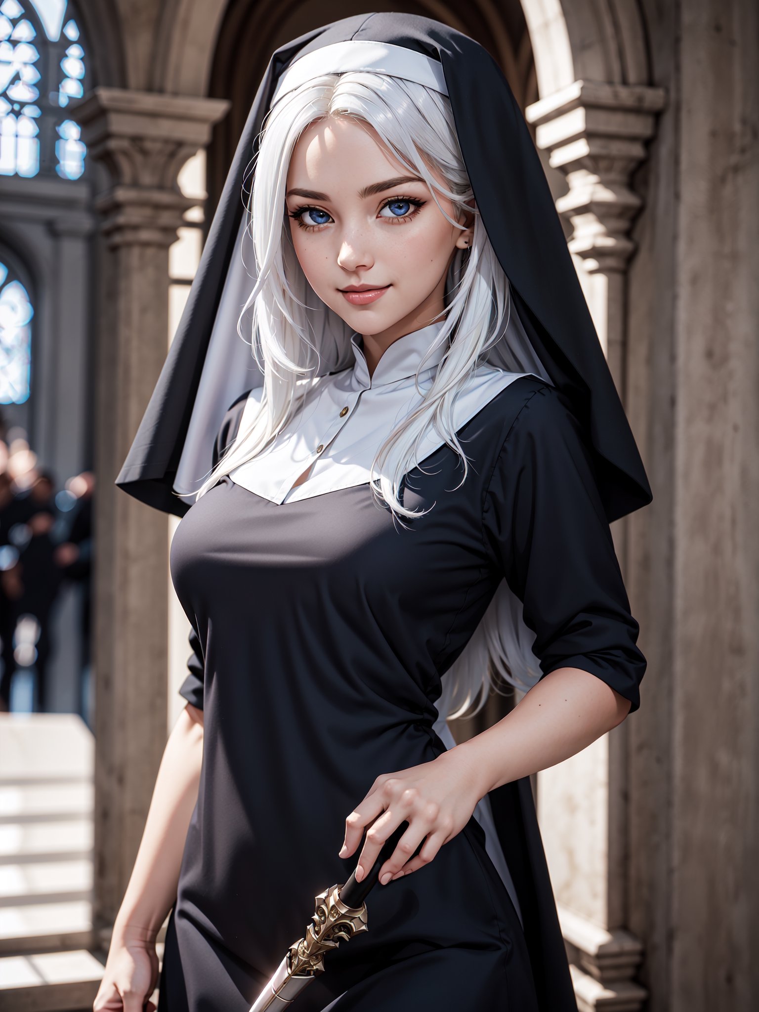 ultra realistic 8k cg, masterpiece, ultra detailed background, delicate pattern, intricate detail, standing, formal, smile, nun, very long hair, white hair, looking at viewer, large breasts, black clothes, PERFECT FACE, SEXY FACE, PERFECT BODY, Cologne Cathedral, perfect hands, detailed fingers, beautiful detailed eyes, perfect eyes, seductive eyes, looking at the viewer, from front, 1girl, melee_weapons, 1spear, holding_weapon,perfect,hand,3D