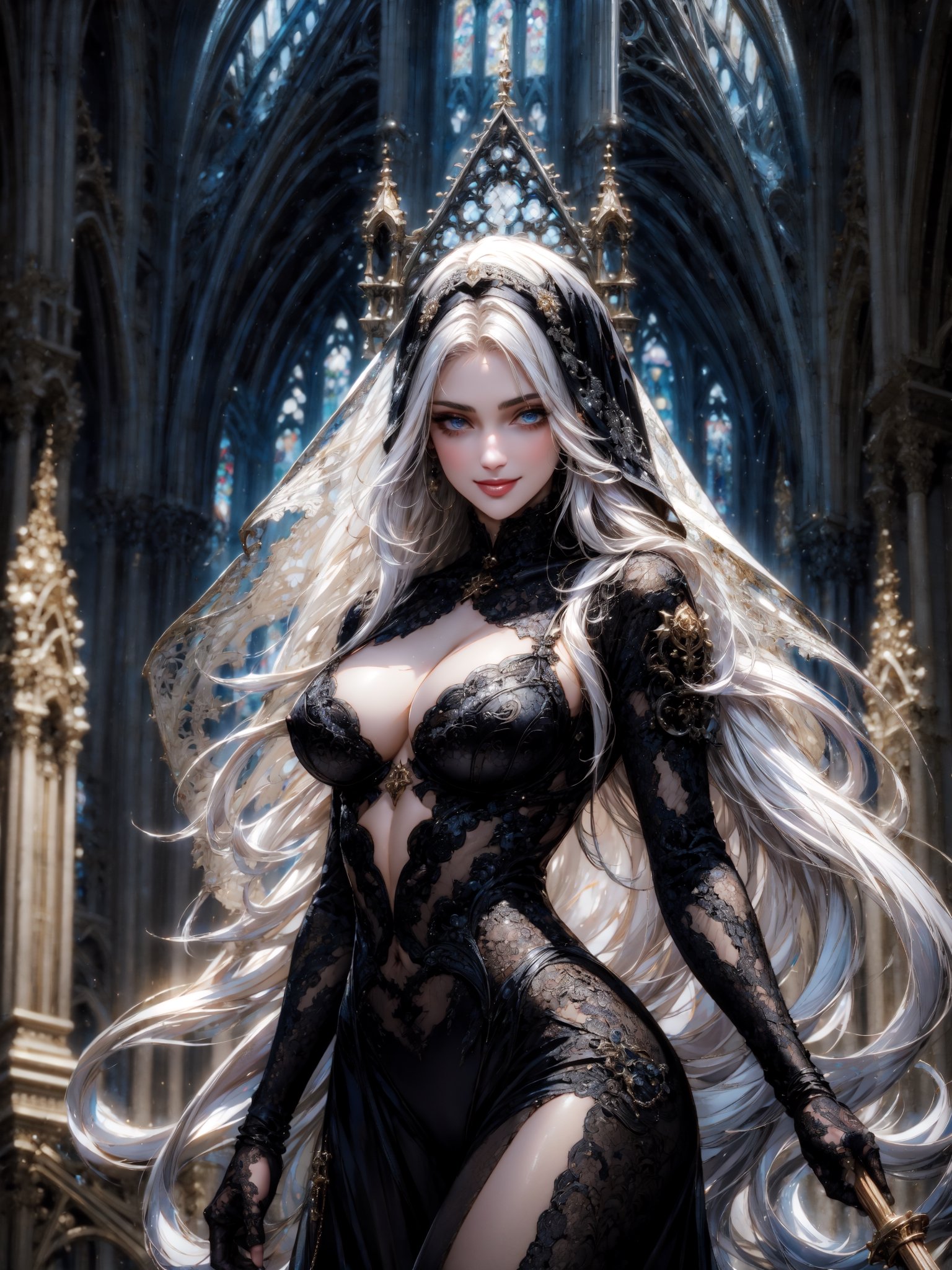 ultra realistic 8k cg, masterpiece, ultra detailed background, delicate pattern, intricate detail, standing, formal, smile, nun, very long hair, white hair, looking at viewer, large breasts, black clothes, PERFECT FACE, SEXY FACE, PERFECT BODY, Cologne Cathedral, perfect hands, detailed fingers, beautiful detailed eyes, perfect eyes, seductive eyes, looking at the viewer, from front, 1girl, melee_weapons, 1spear, holding_weapon,perfect,hand,